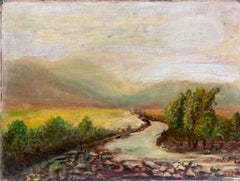 Antique English Antique Oil Painting Winding River in Country Landscape