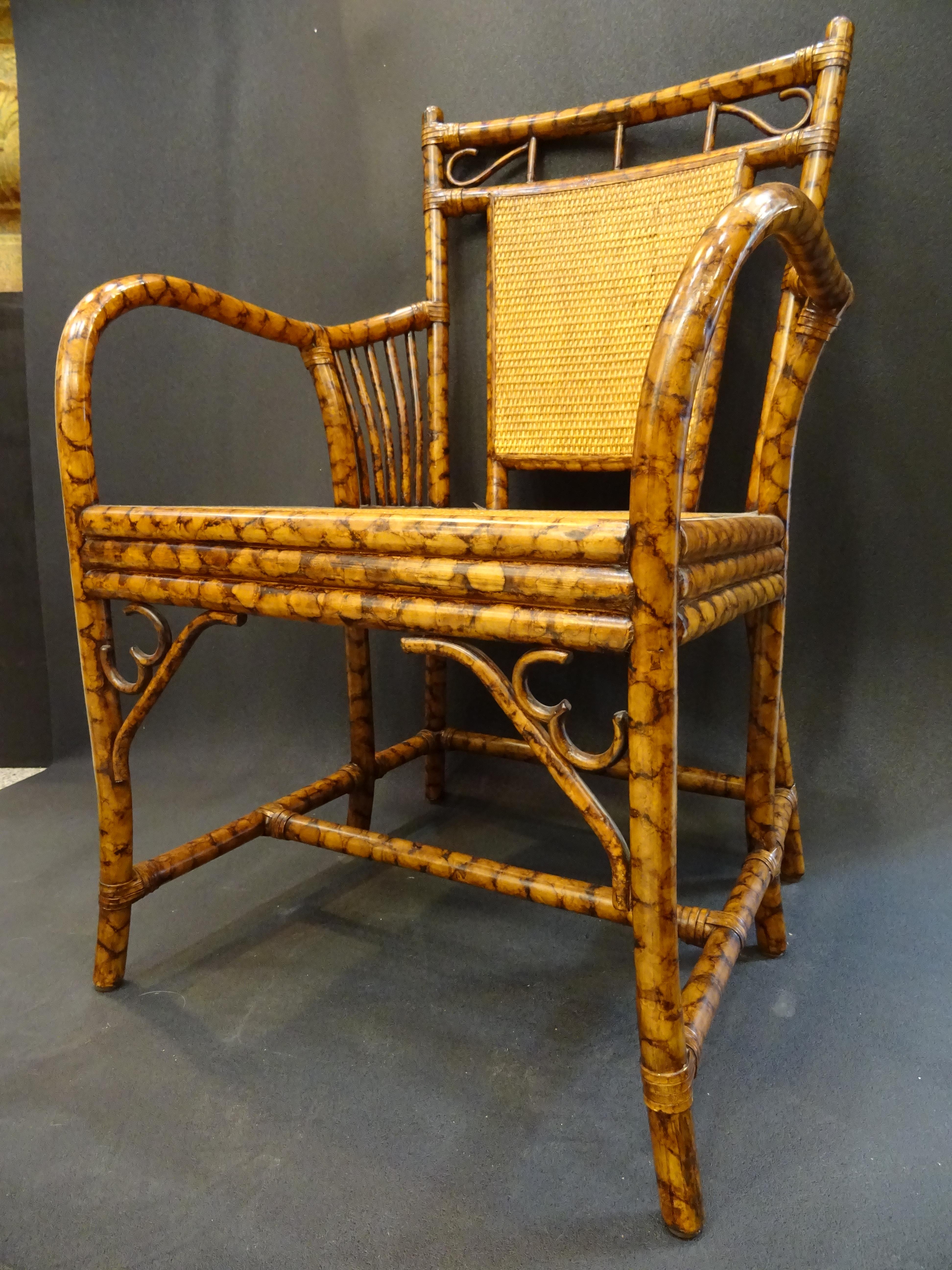 Hand-Crafted English Arts & Crafts Bamboo Simulating Root Wood and Rattan Armchair, 1900