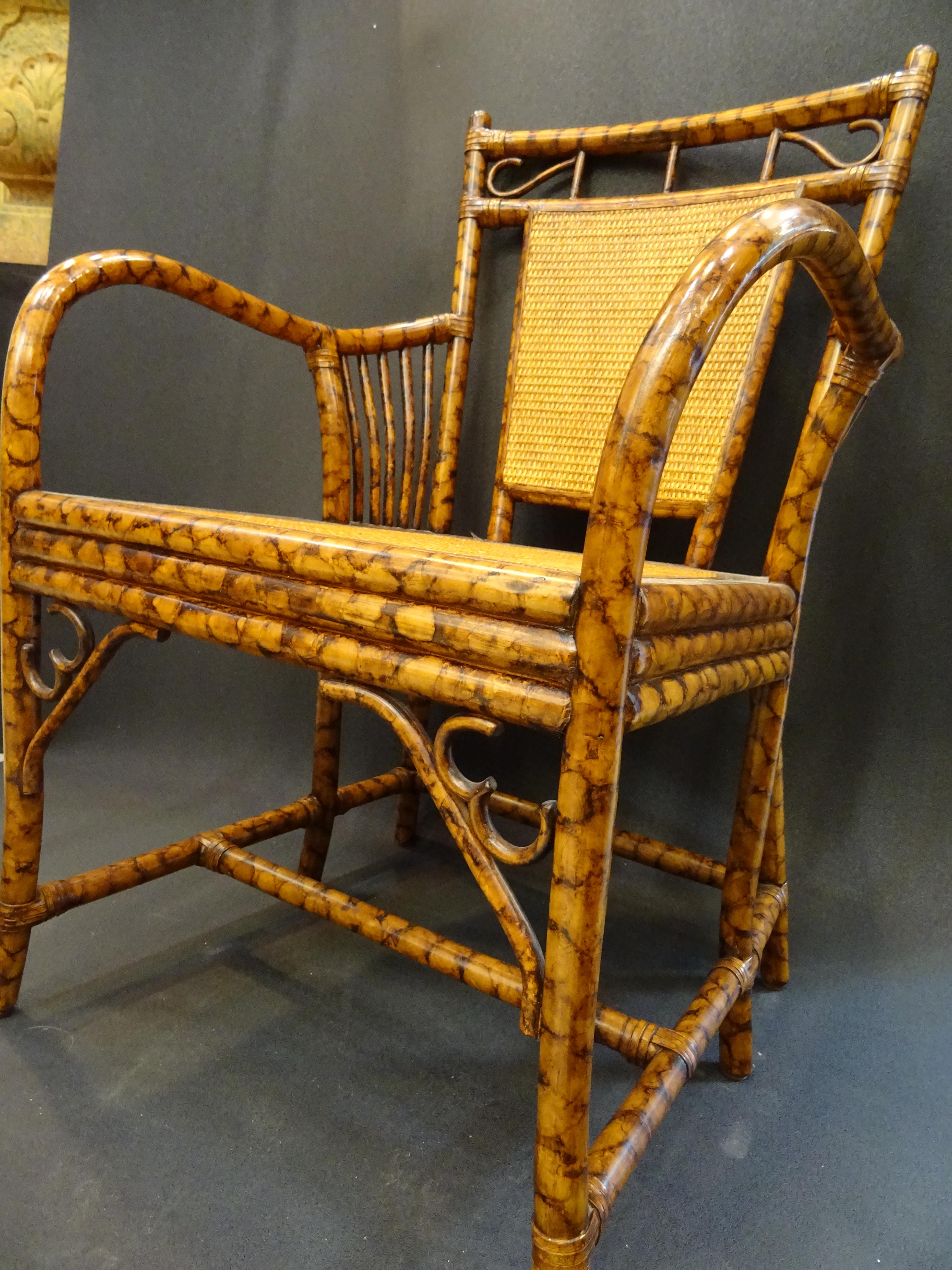 English Arts & Crafts Bamboo Simulating Root Wood and Rattan Armchair, 1900 In Excellent Condition In Valladolid, ES