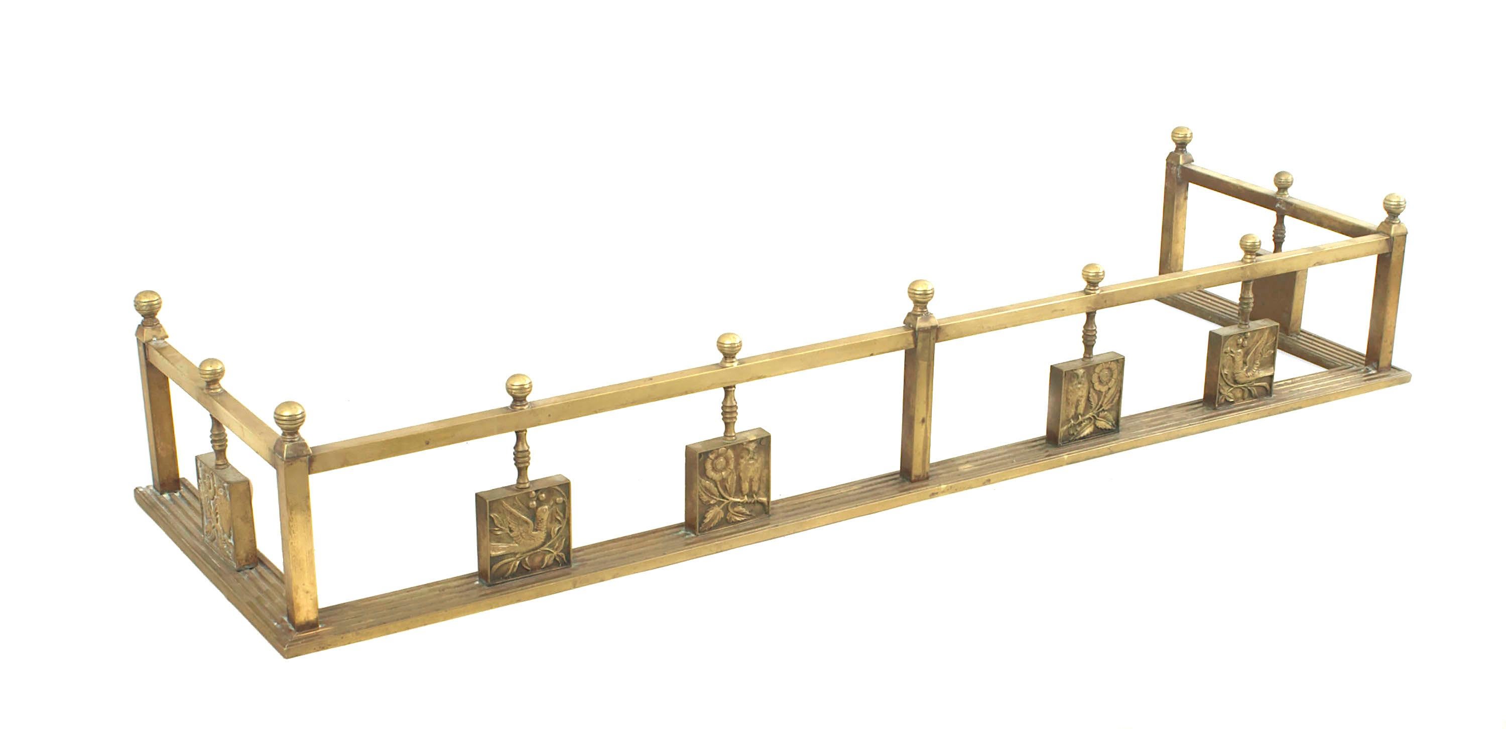 English Aesthetic Movement brass fire place fender with 6 panels showing different breeds of birds.
