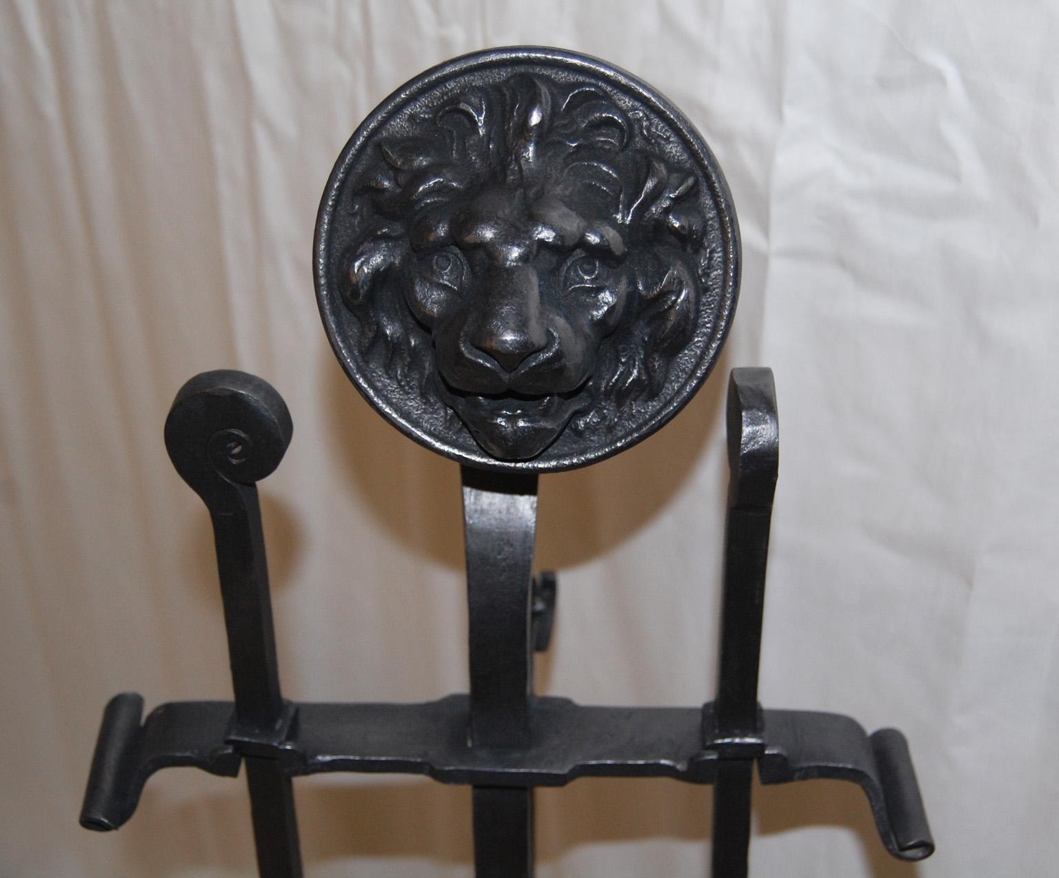 English Arts and Crafts Fireplace Set Lion Motif with Screen, Andirons and Tools For Sale 6