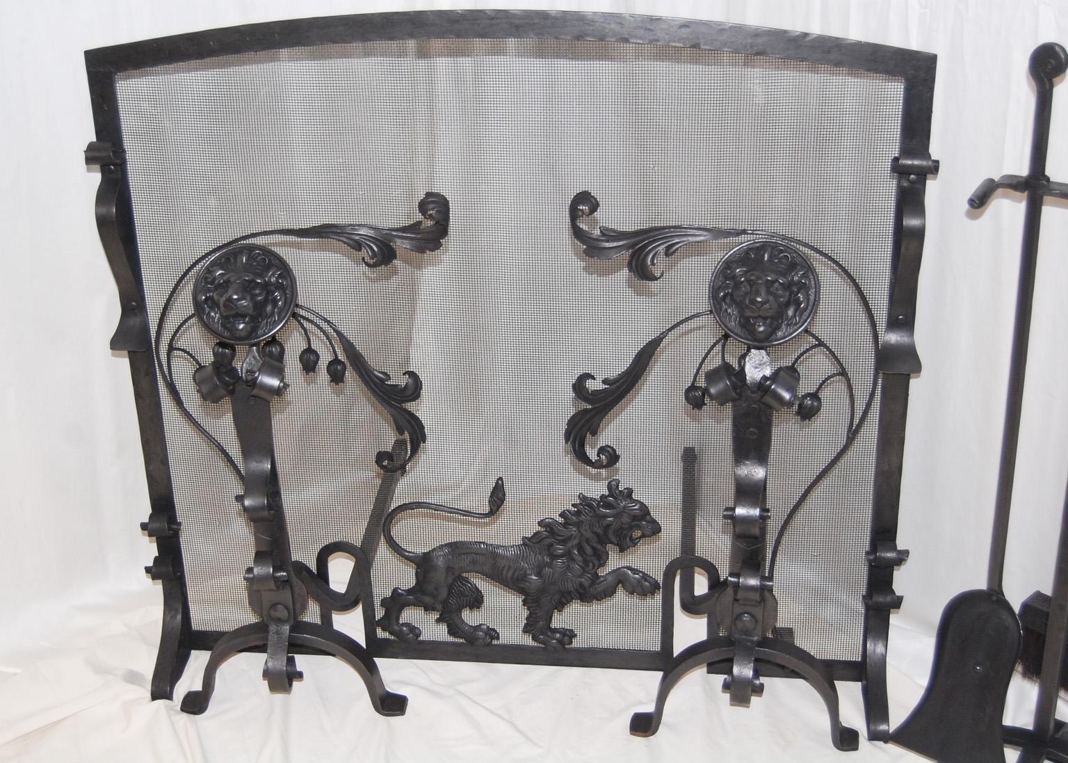 English Arts and Crafts Fireplace Set Lion Motif with Screen, Andirons and Tools For Sale 7