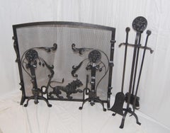 English Arts and Crafts Fireplace Set Lion Motif with Screen, Andirons and Tools
