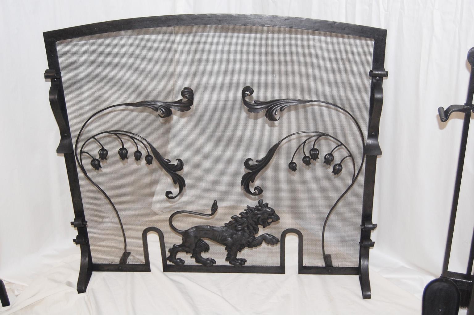 20th Century English Arts and Crafts Fireplace Set Lion Motif with Screen, Andirons and Tools For Sale