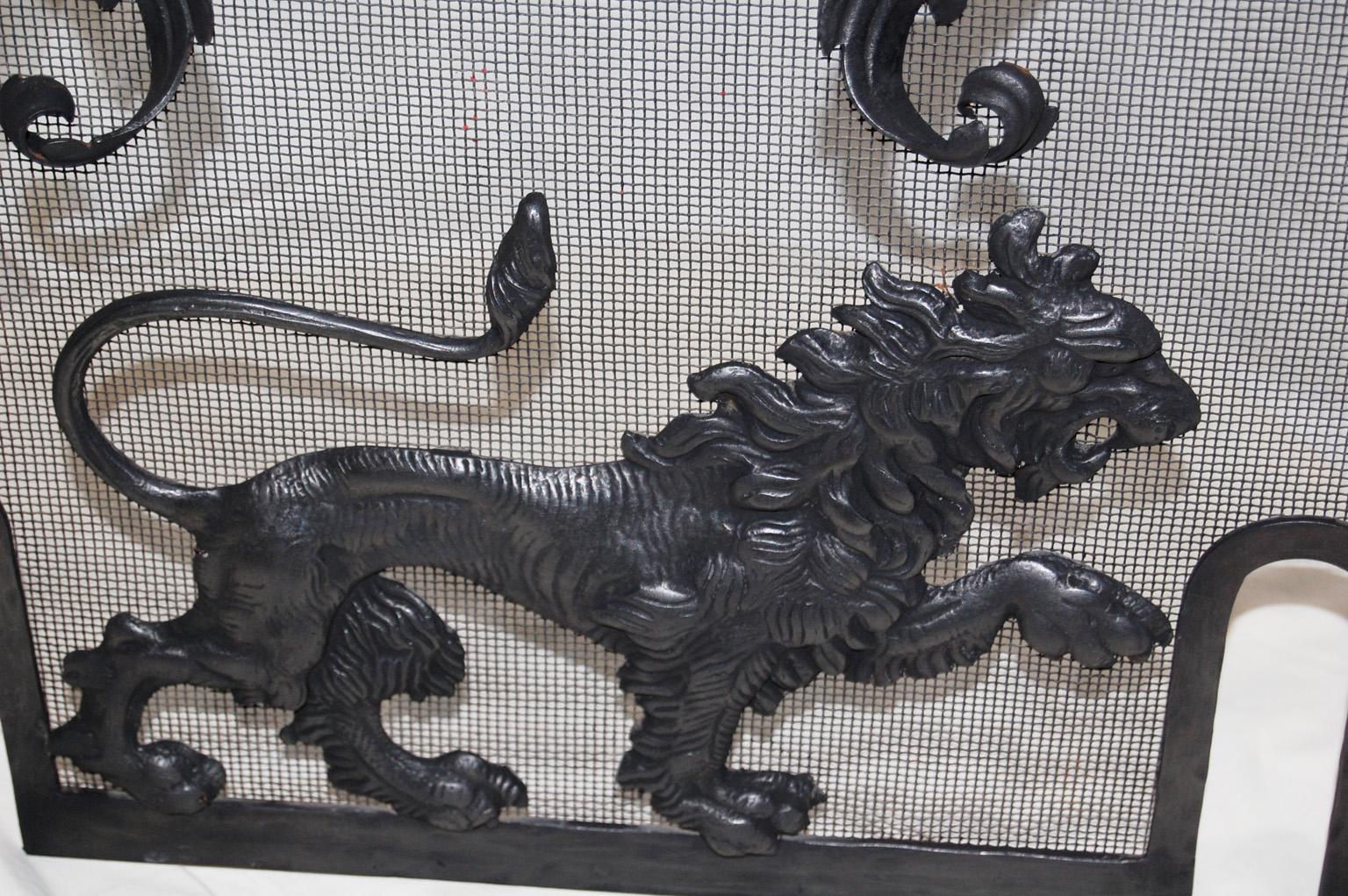 Wrought Iron English Arts and Crafts Fireplace Set Lion Motif with Screen, Andirons and Tools For Sale