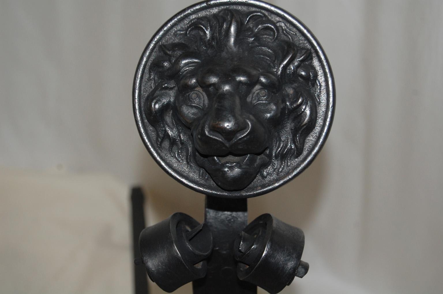 English Arts and Crafts Fireplace Set Lion Motif with Screen, Andirons and Tools For Sale 4