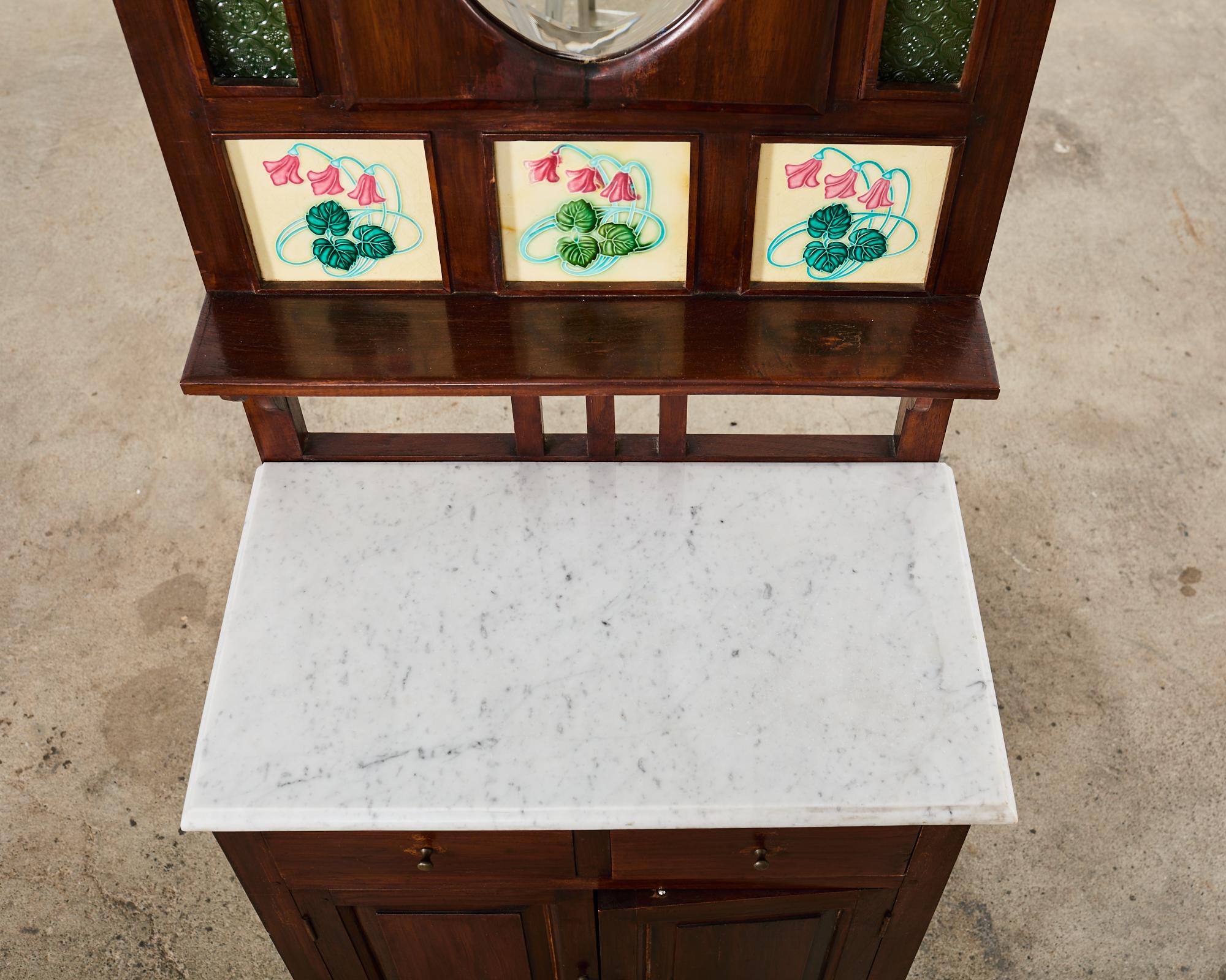 English Arts and Crafts Hall Tree with Art Nouveau Tiles 6