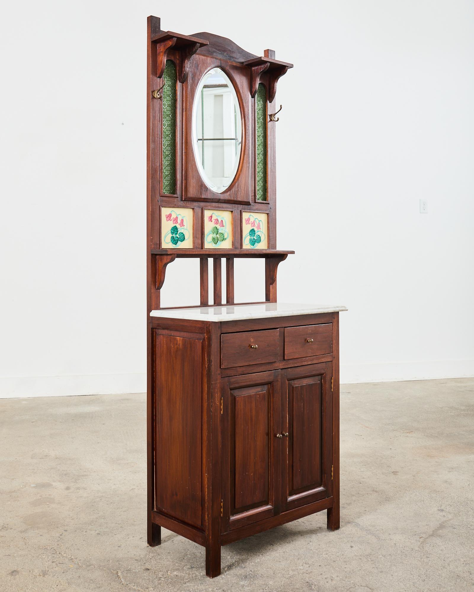 English Arts and Crafts Hall Tree with Art Nouveau Tiles In Good Condition In Rio Vista, CA