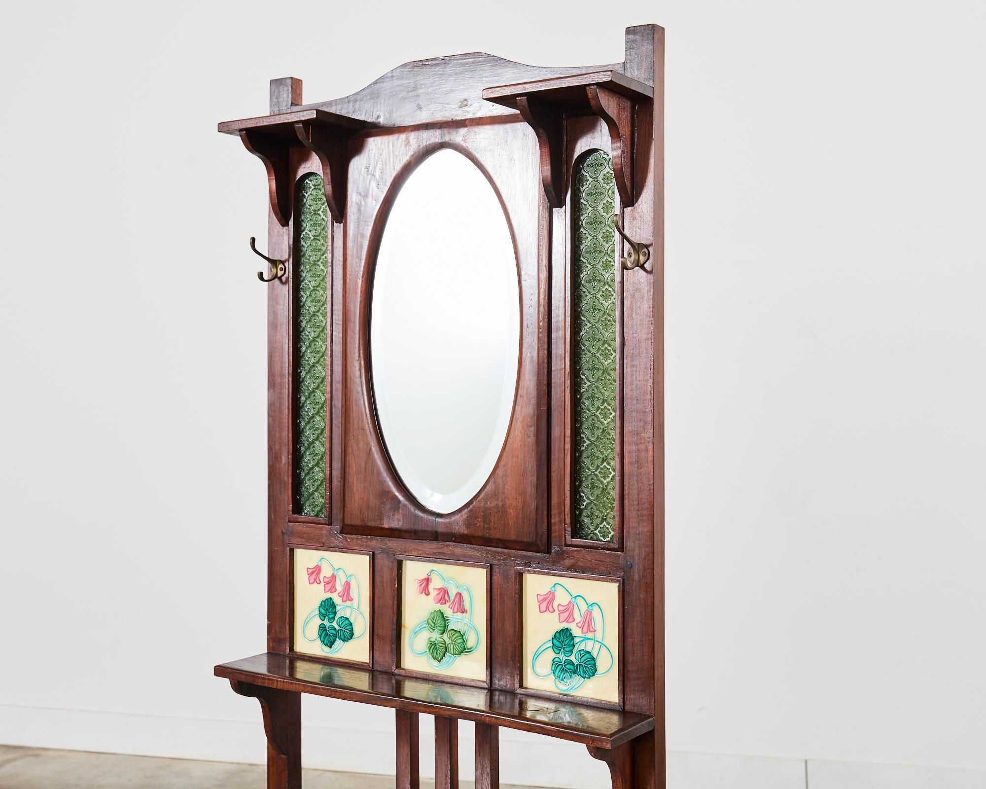20th Century English Arts and Crafts Hall Tree with Art Nouveau Tiles