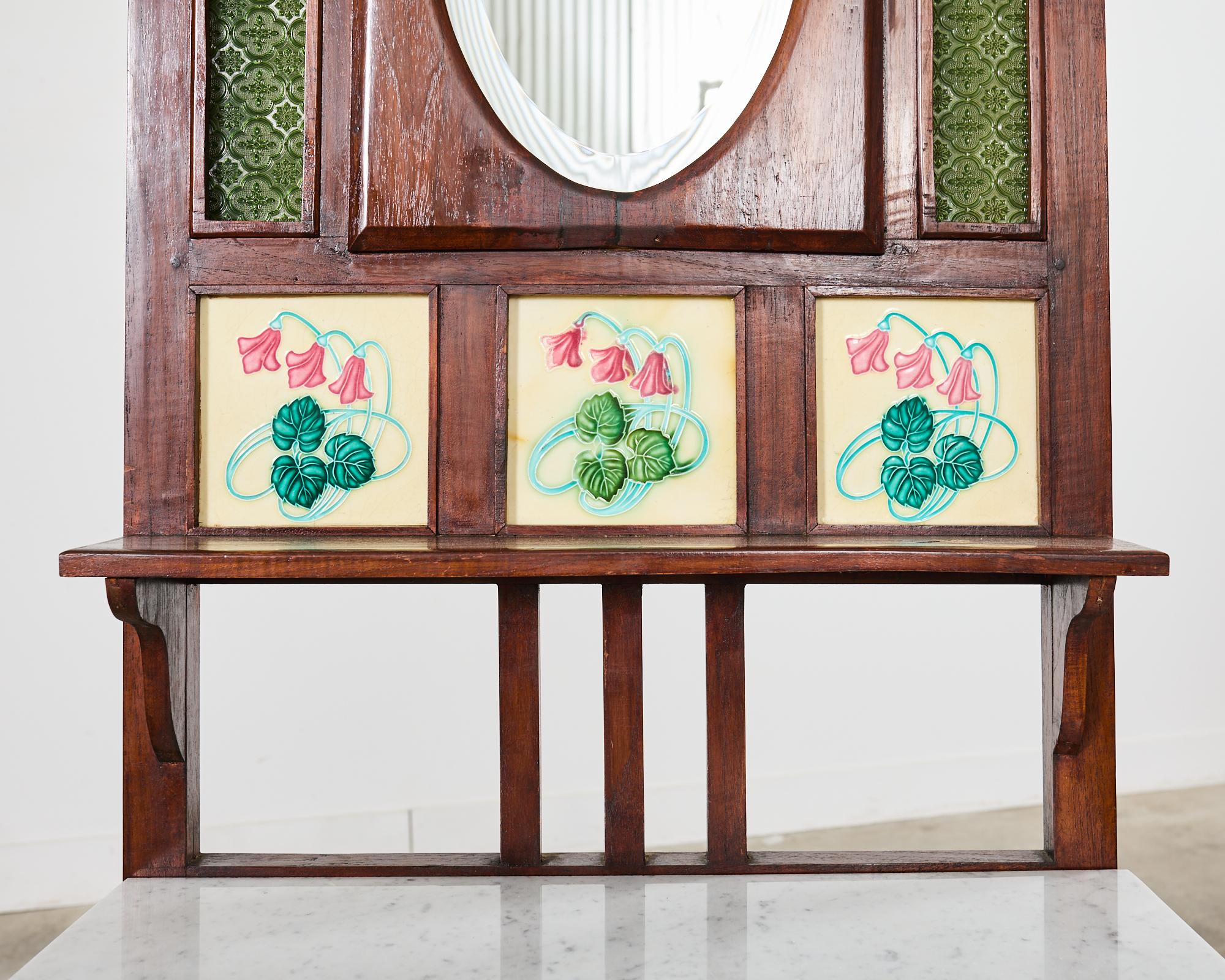 English Arts and Crafts Hall Tree with Art Nouveau Tiles 2