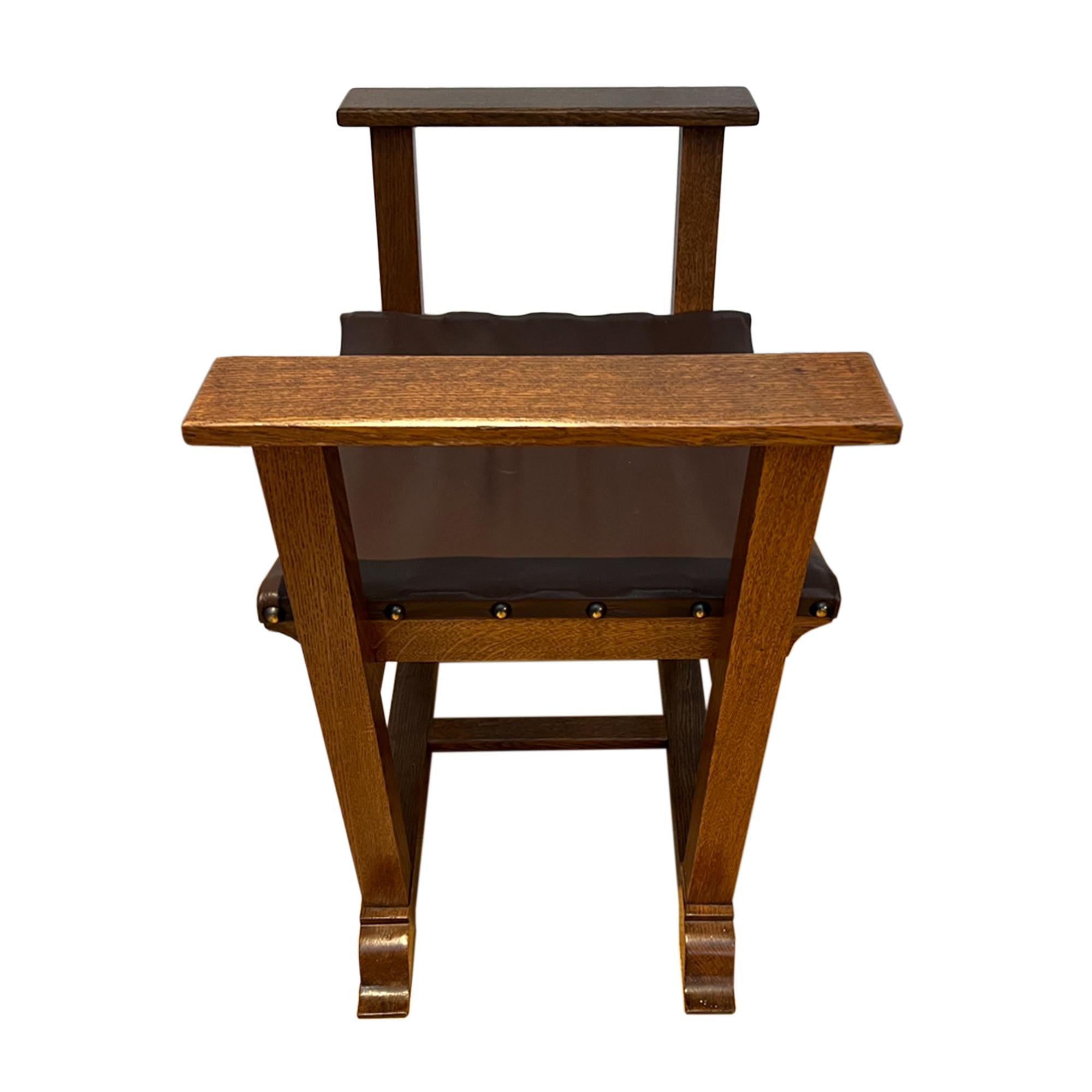 Hand-Crafted English Arts and Crafts Leather and Wood Stool For Sale