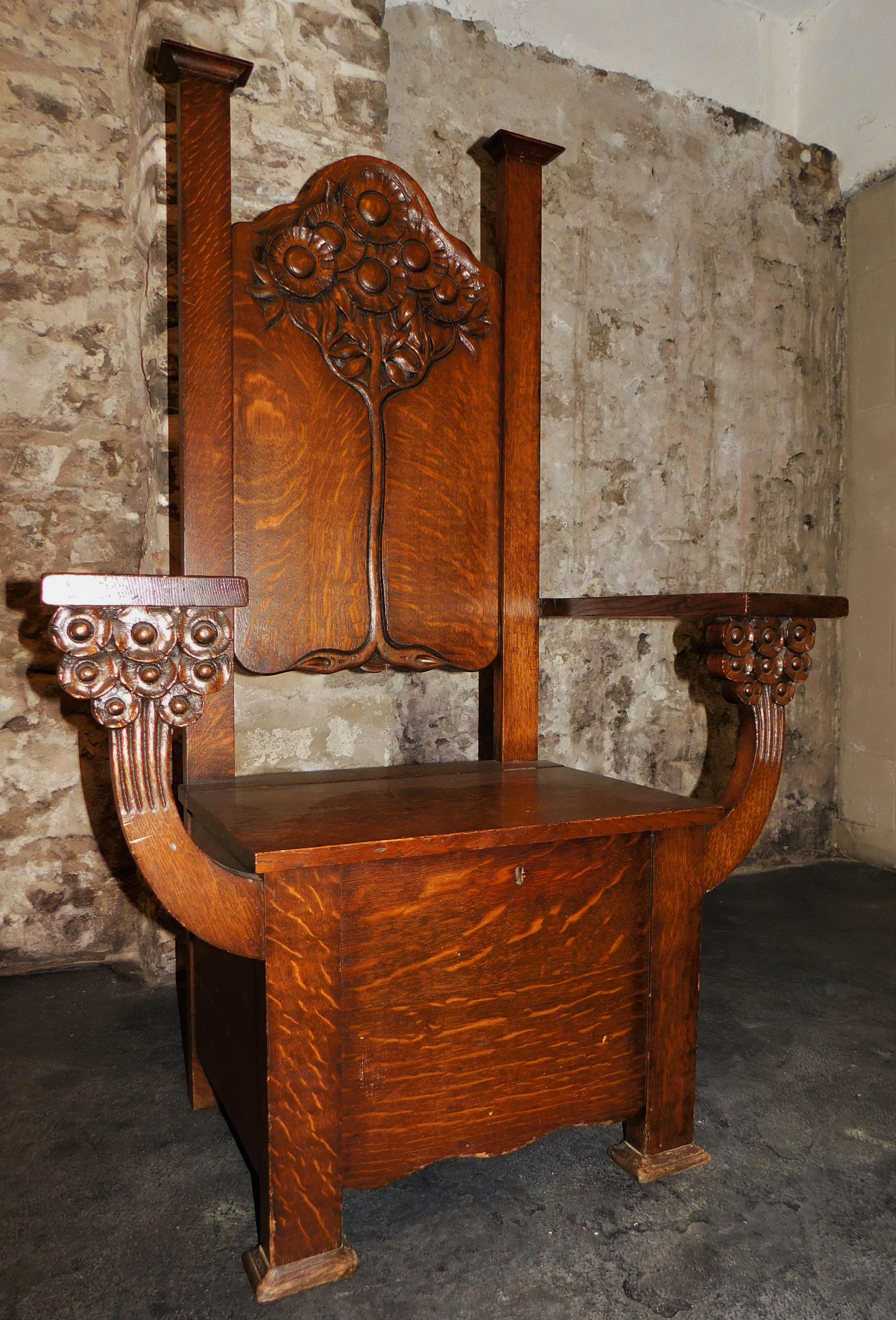 English Arts & Crafts Mission Chair circa 1890 Tree of Life Edwin Ridgeway In Good Condition For Sale In Hamilton, Ontario