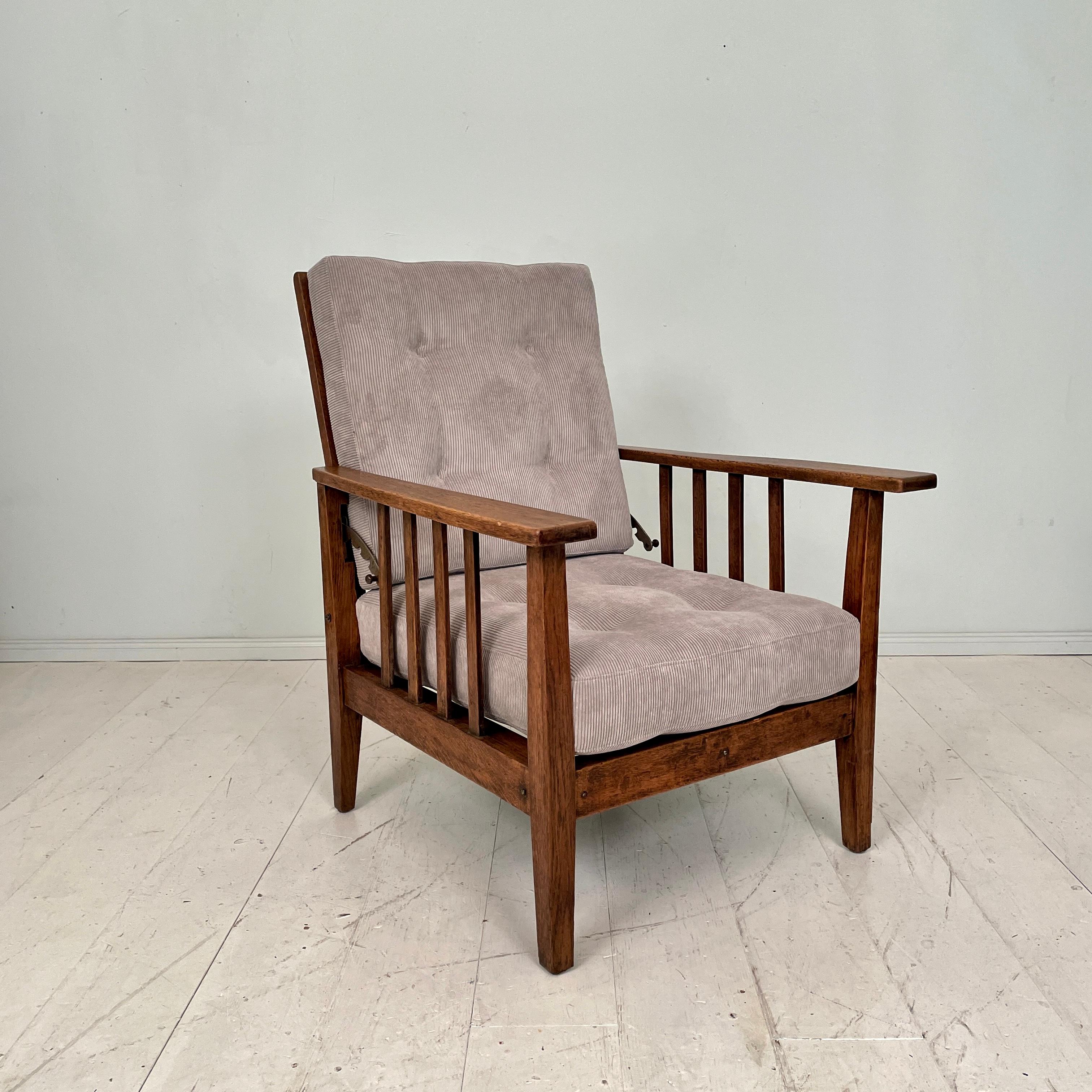 English Arts and Crafts Morris Armchair in Oak Upholstered in Grey Cord, 1910 15