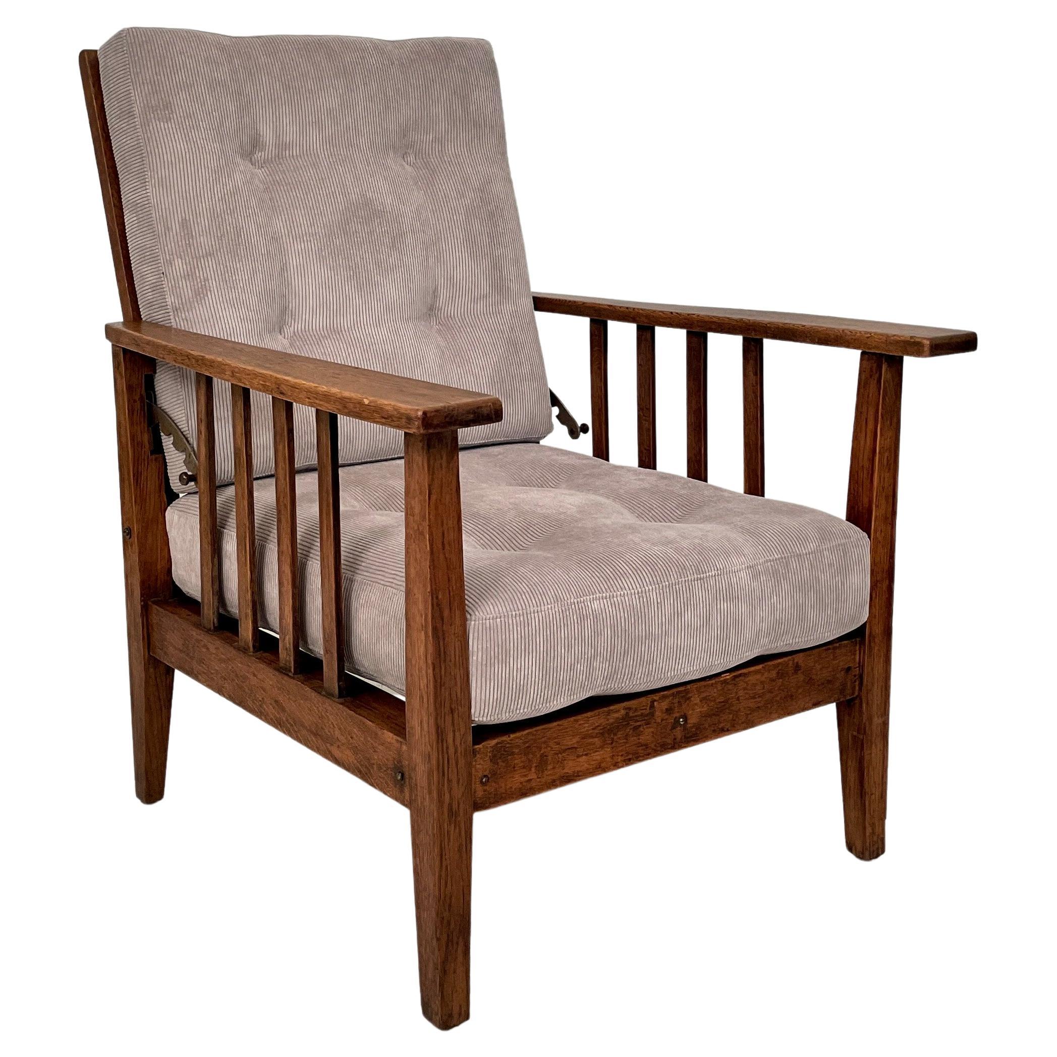 English Arts and Crafts Morris Armchair in Oak Upholstered in Grey Cord, 1910