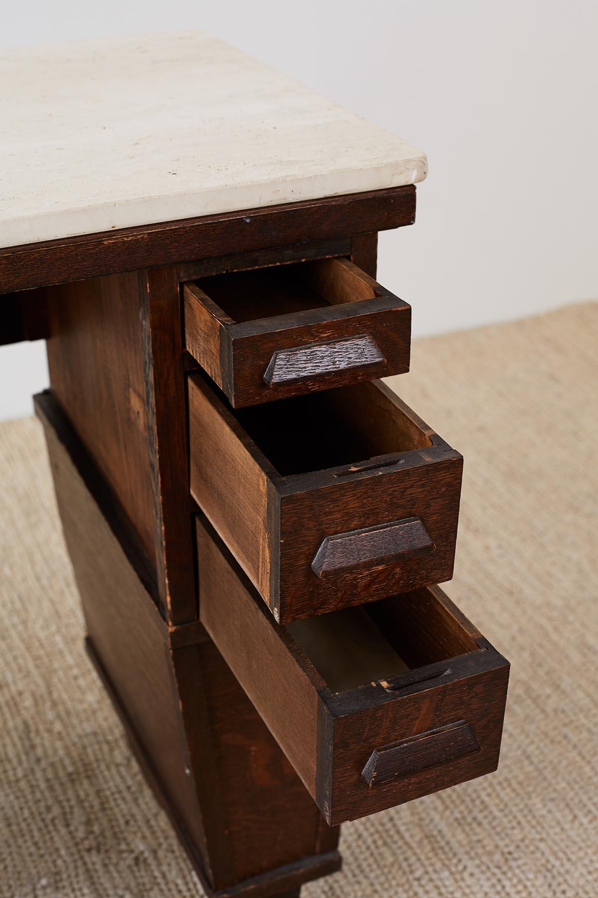 English Arts & Crafts Oak and Travertine Desk 2