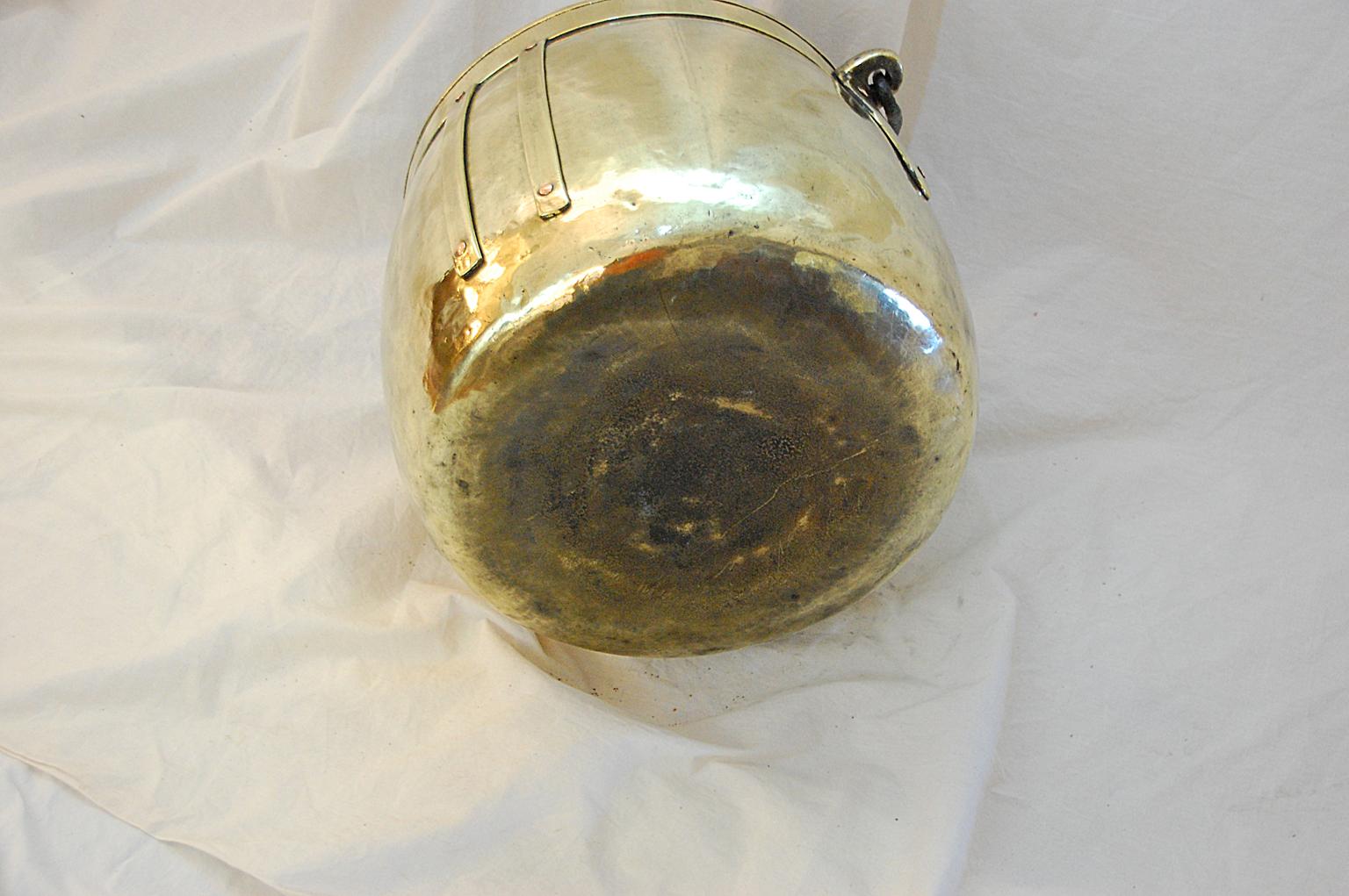 19th Century English Arts & Crafts Period Brass Cauldron with Iron Swing Handle