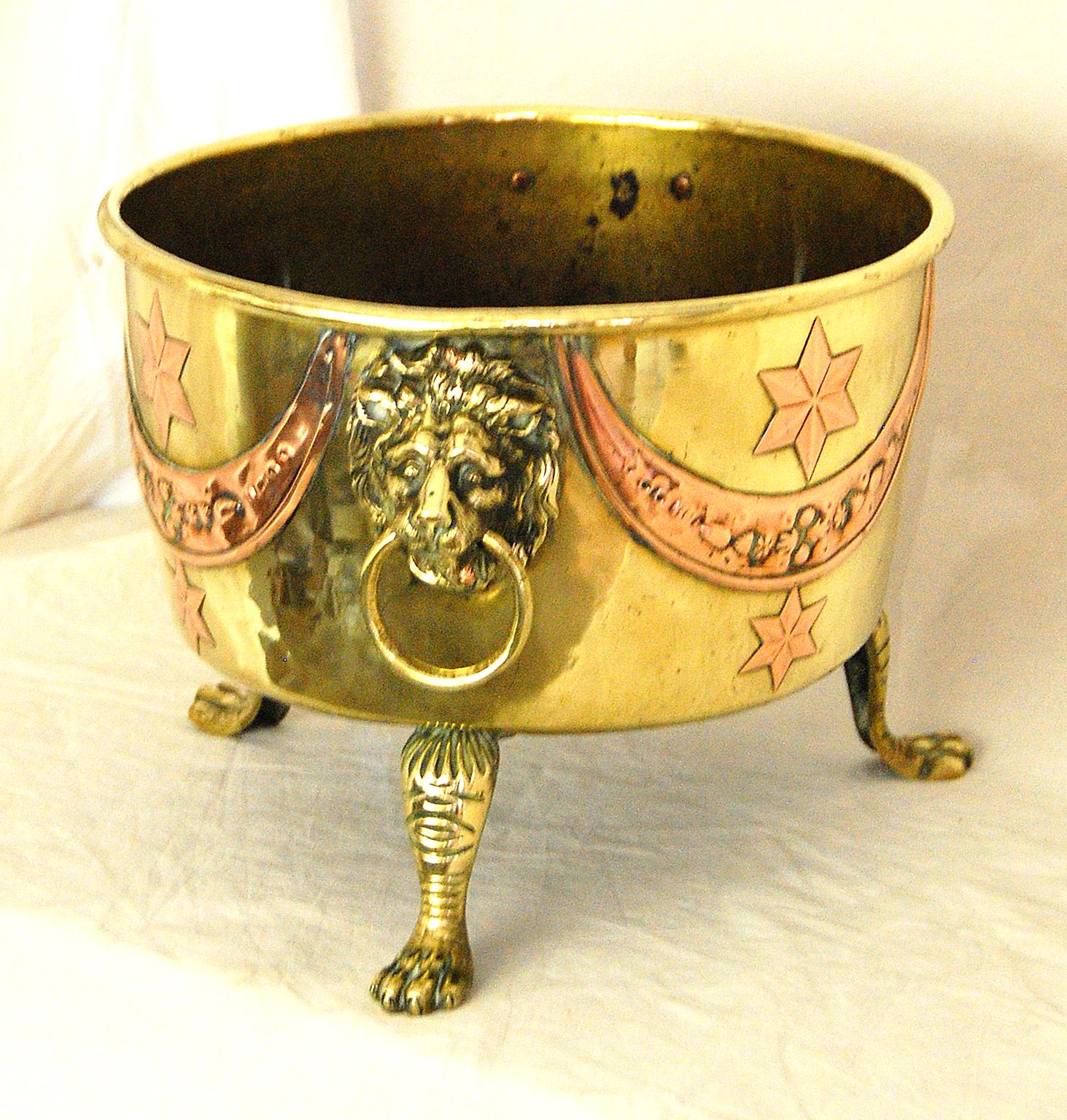 Arts and Crafts English Arts & Crafts Period Brass and Copper Footed Jardinière or Log Bin