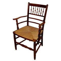 English Arts and Crafts Period Spindle Back Rush Seated  Elm Armchair