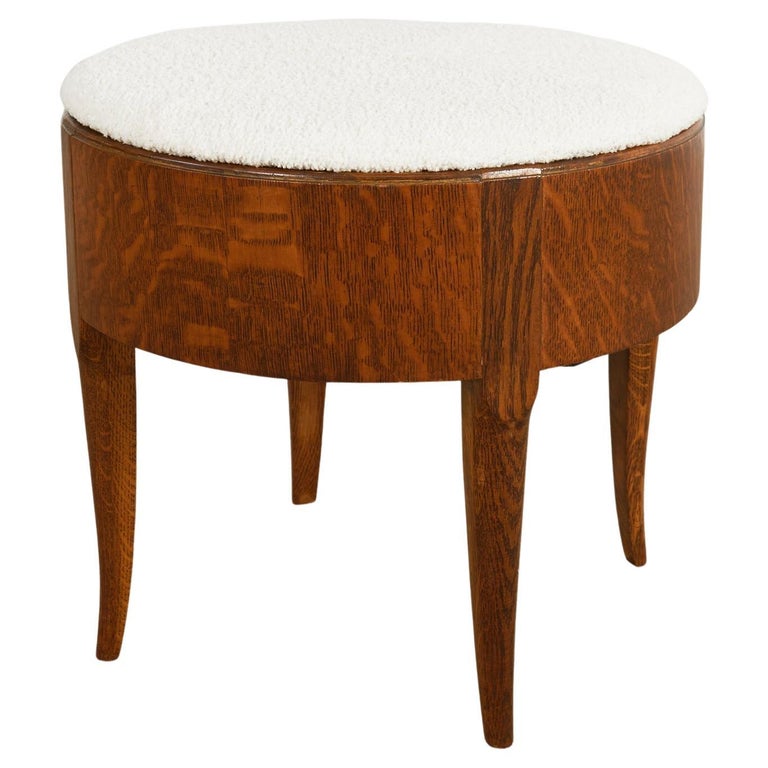 English Arts and Crafts Quarter Sawn Oak Stool with Bouclé For Sale at