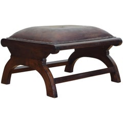 English Arts & Craft Walnut and Leather Upholstered Footstool, circa 1900