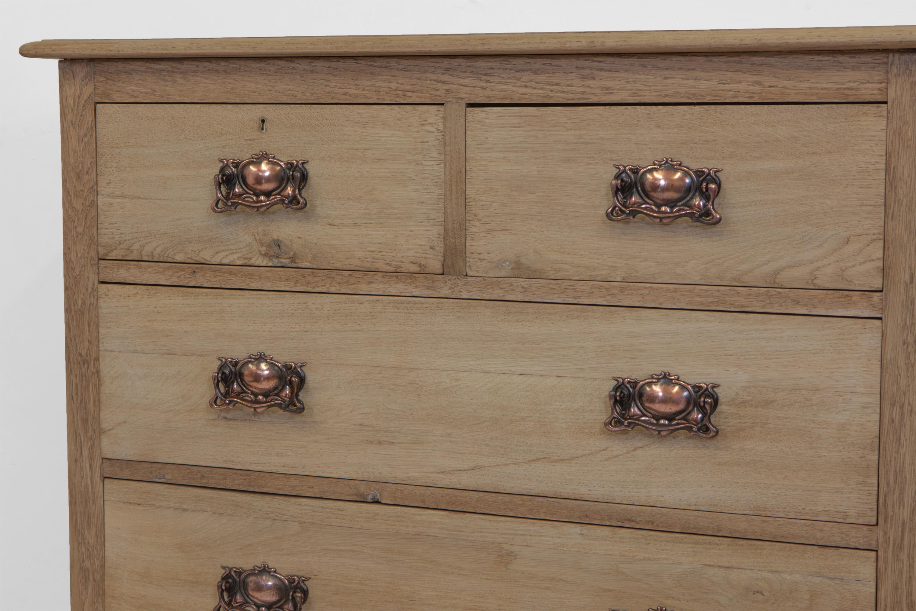 English Arts & Crafts Bleached Oak Chest Of Drawers Copper Handles 6