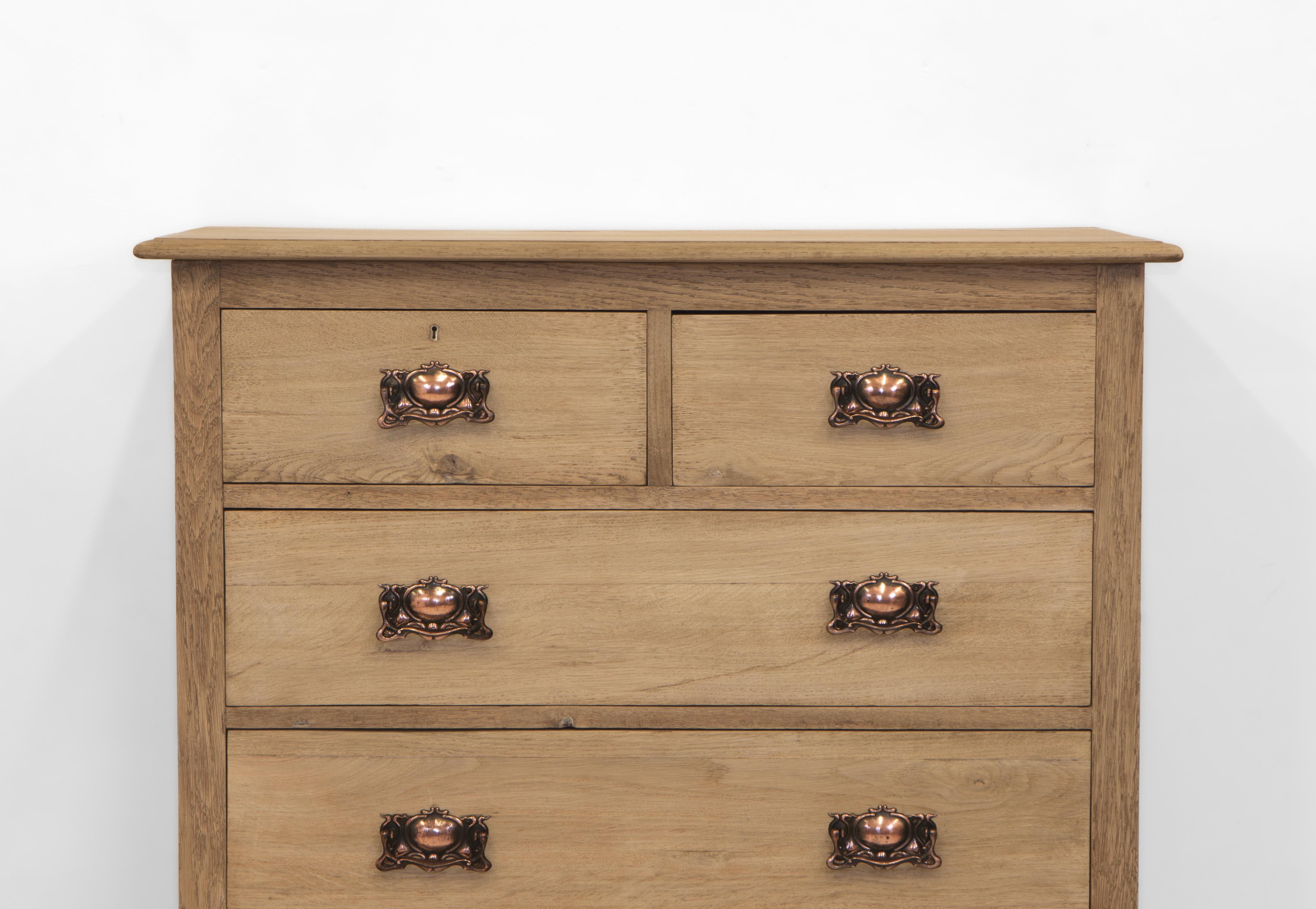 English Arts & Crafts Bleached Oak Chest Of Drawers Copper Handles 8