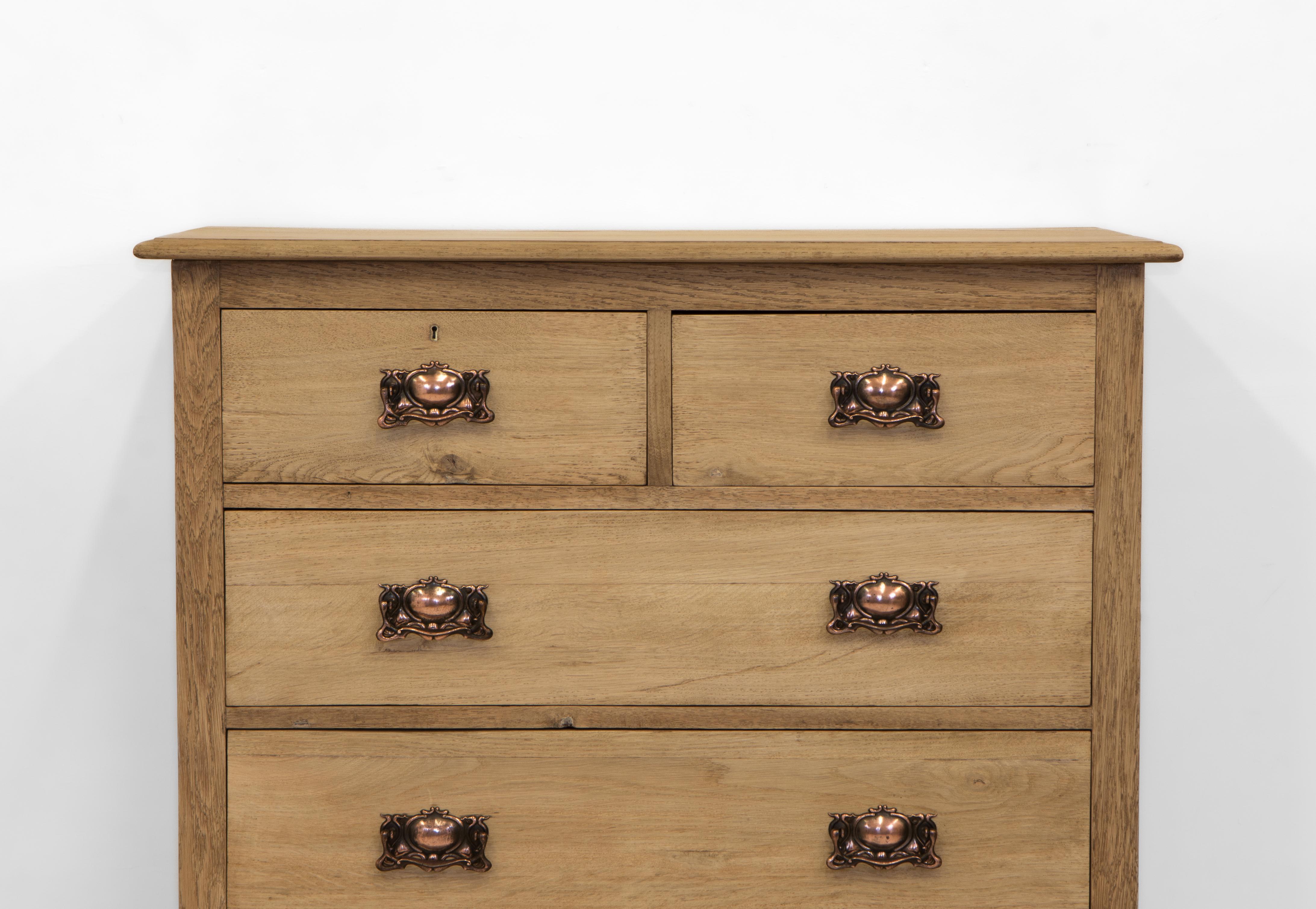 English Arts & Crafts Bleached Oak Chest Of Drawers Copper Handles 1