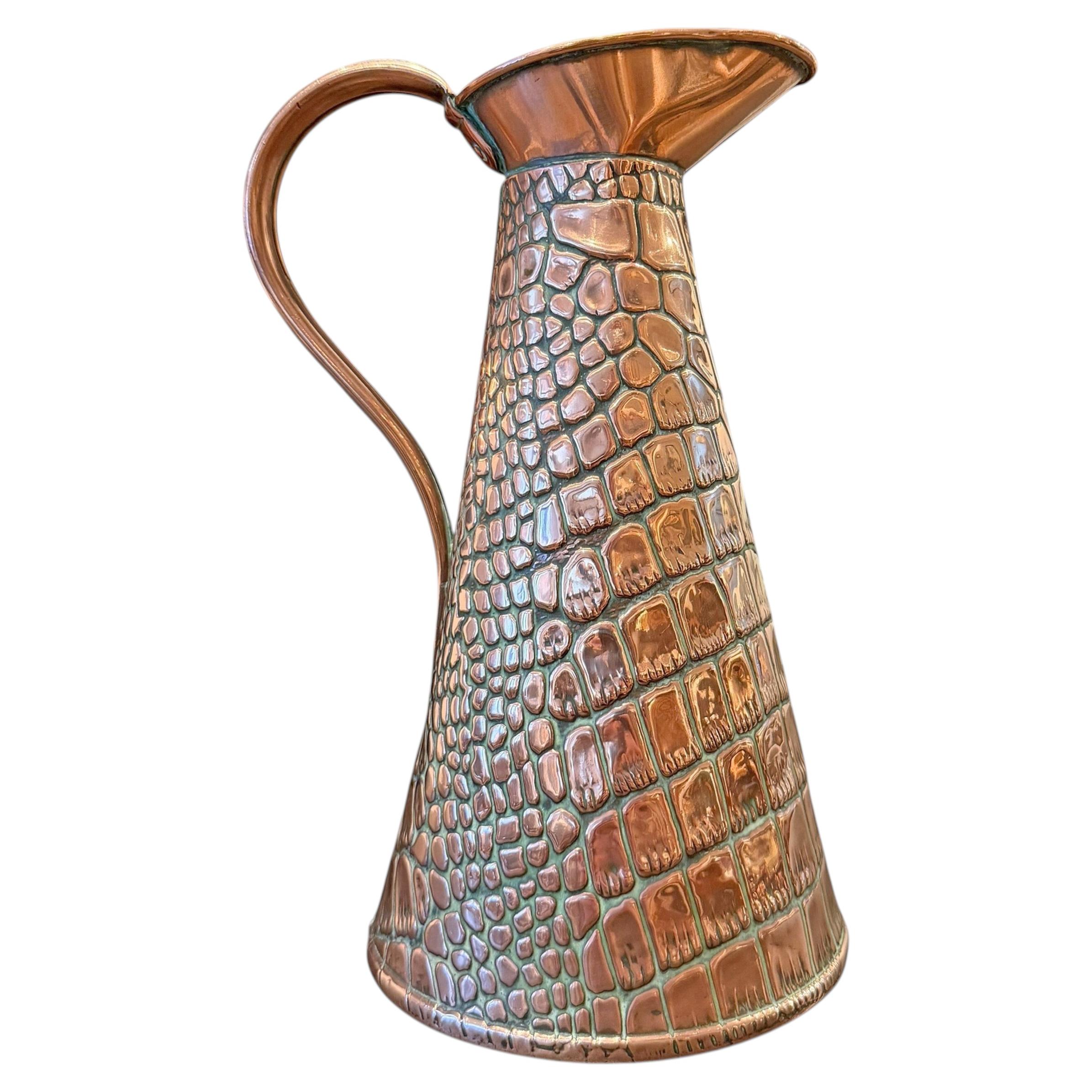 English Arts & Crafts Crocodile Stamped Copper Pitcher