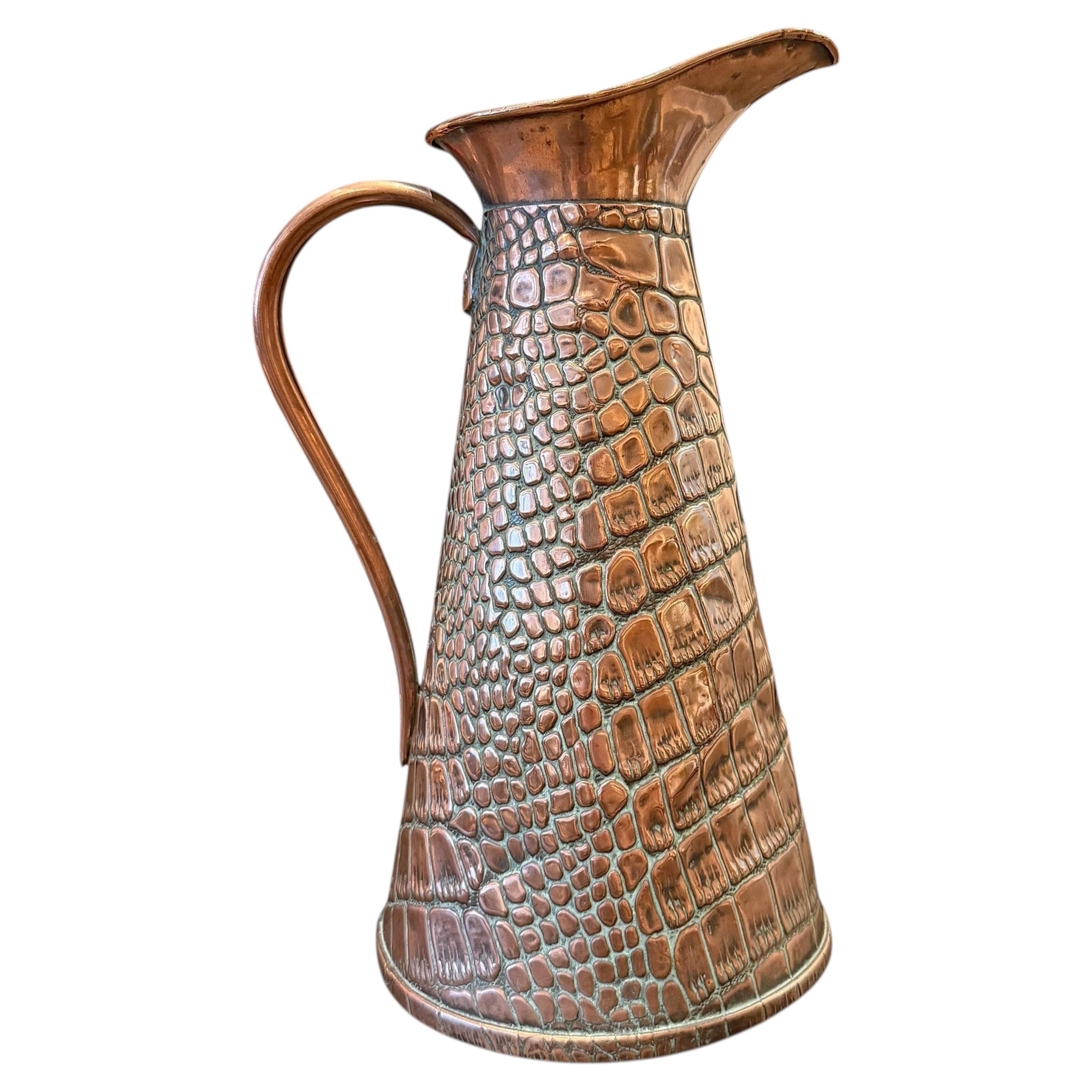 English Arts & Crafts Crocodile Stamped Copper Pitcher