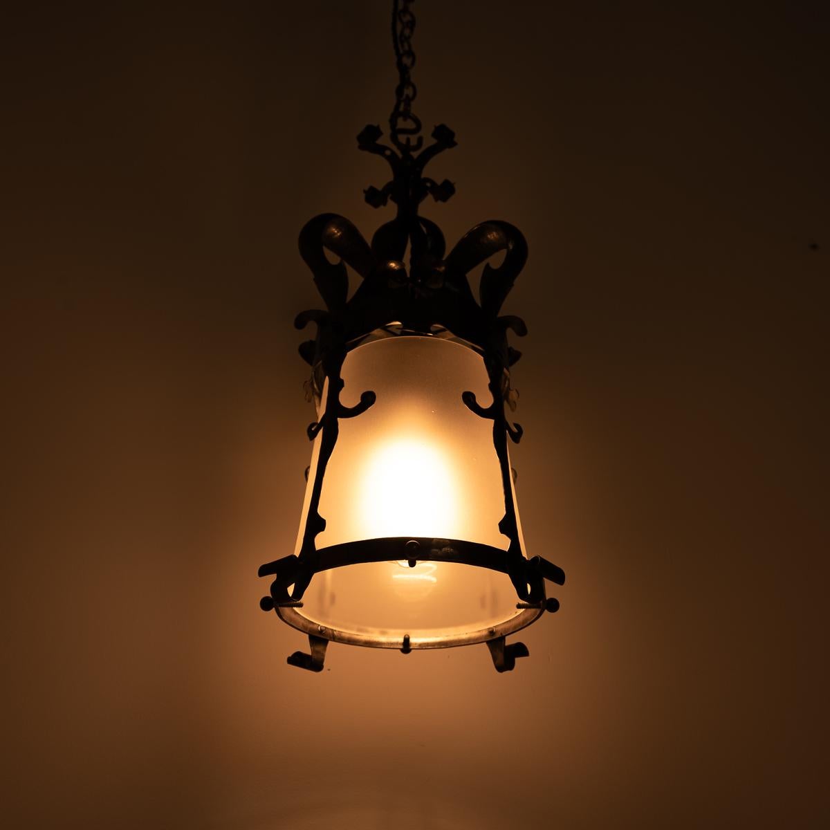 English Arts & Crafts Decorative Hall Lantern with Satin Glass Shade For Sale 3