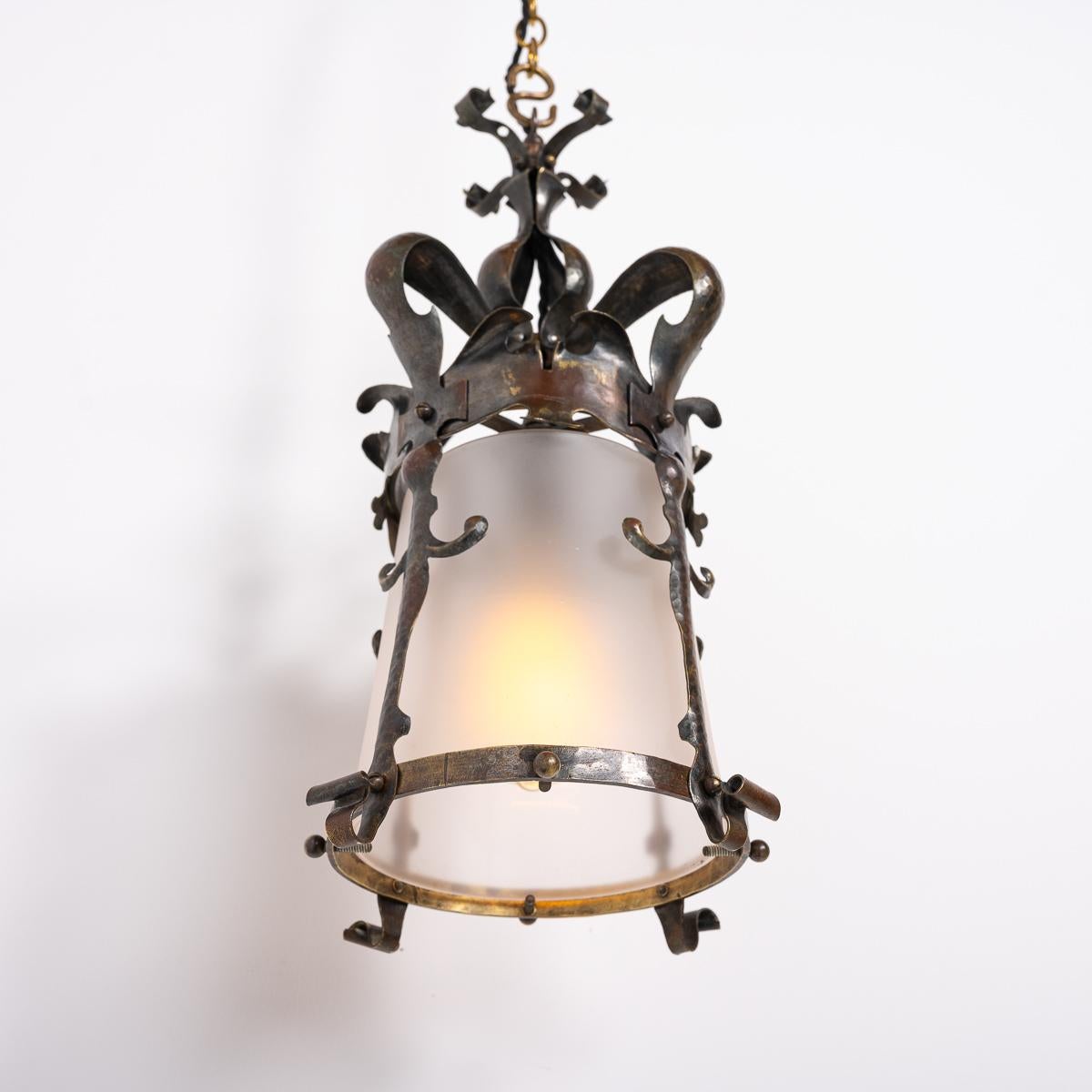 English Arts & Crafts Decorative Hall Lantern with Satin Glass Shade For Sale 4