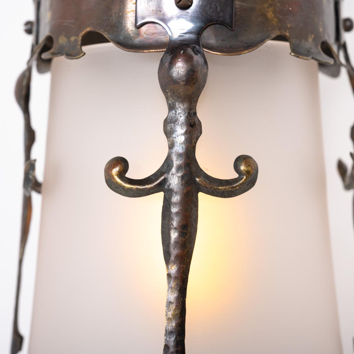 English Arts & Crafts Decorative Hall Lantern with Satin Glass Shade For Sale 6