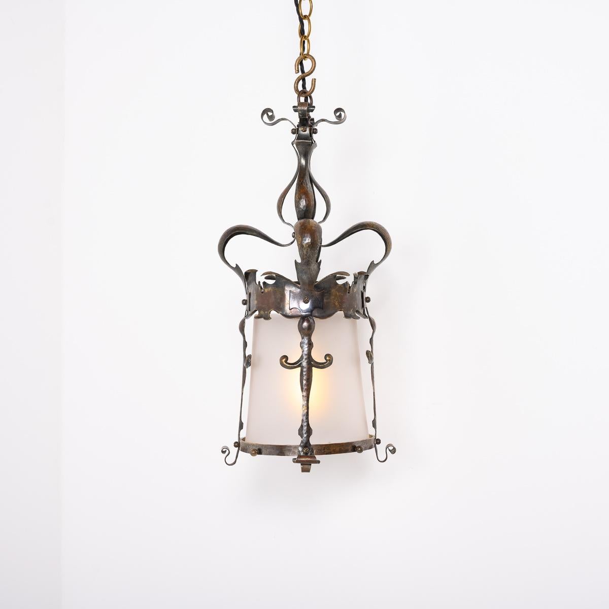 English Arts & Crafts Decorative Hall Lantern with Satin Glass Shade For Sale 12