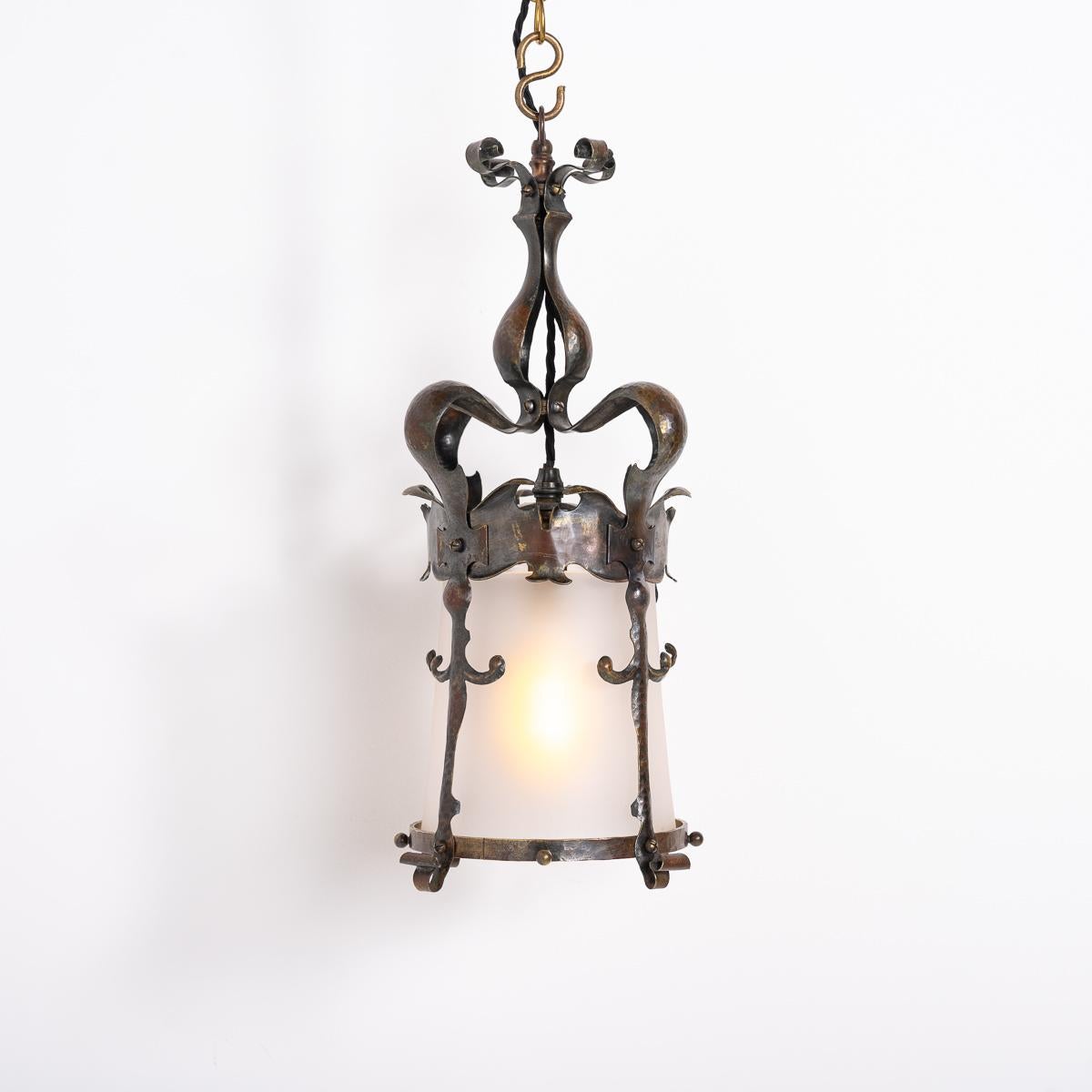 Arts and Crafts English Arts & Crafts Decorative Hall Lantern with Satin Glass Shade For Sale
