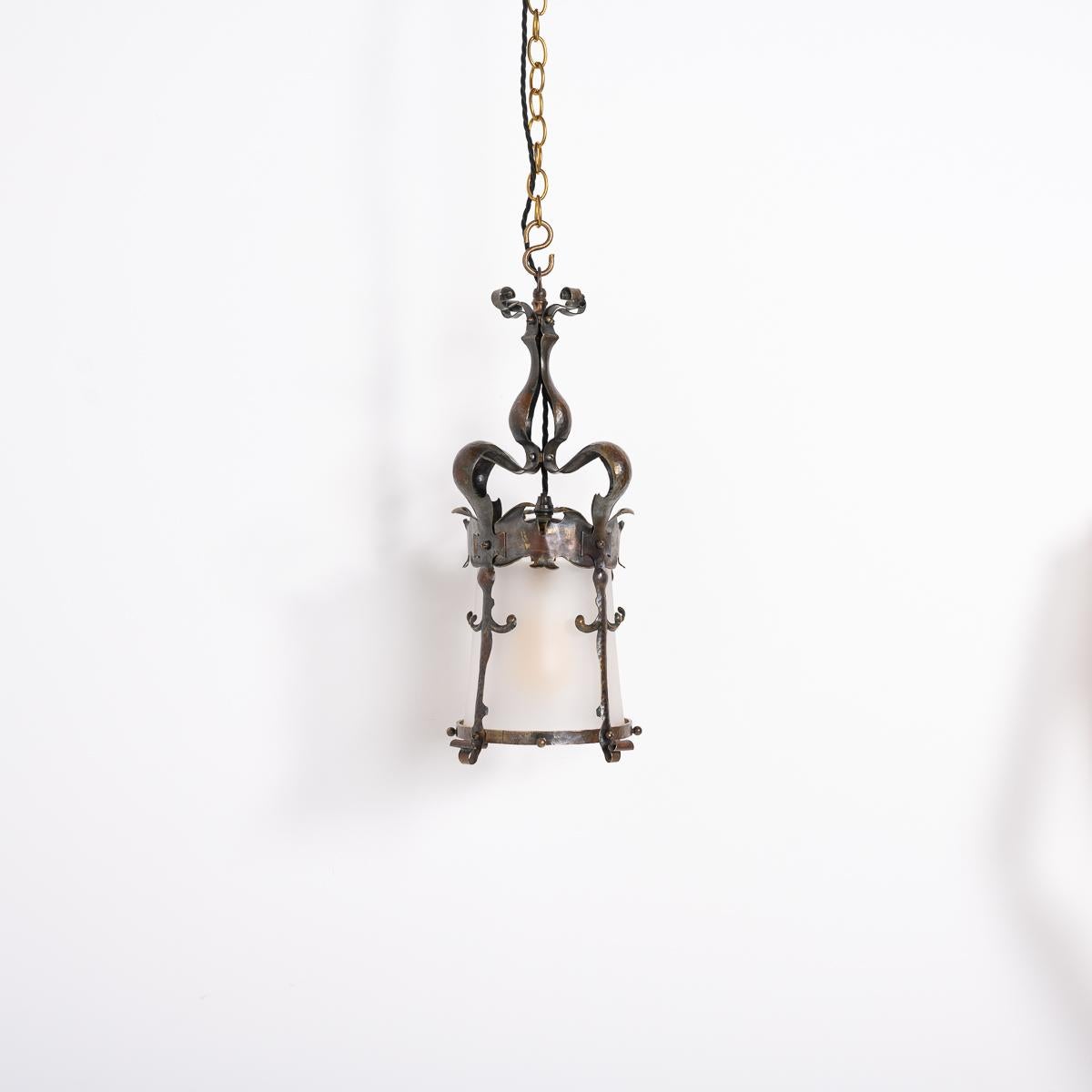 British English Arts & Crafts Decorative Hall Lantern with Satin Glass Shade For Sale