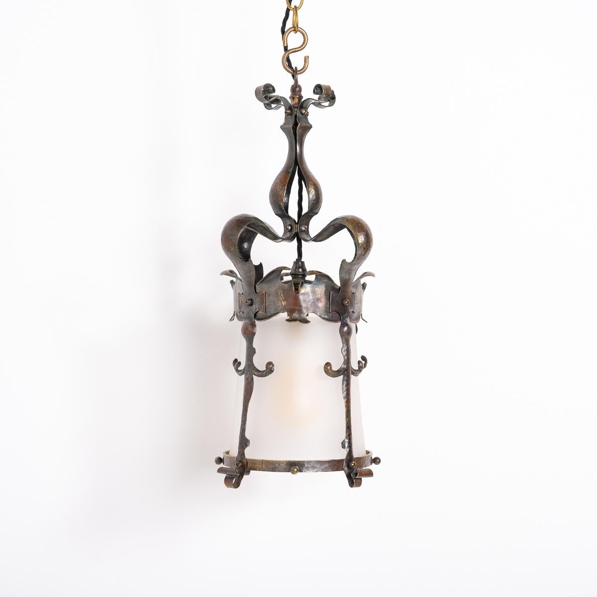 Cast English Arts & Crafts Decorative Hall Lantern with Satin Glass Shade For Sale