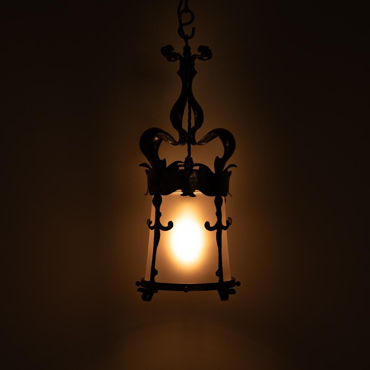English Arts & Crafts Decorative Hall Lantern with Satin Glass Shade In Good Condition For Sale In Nottingham, GB