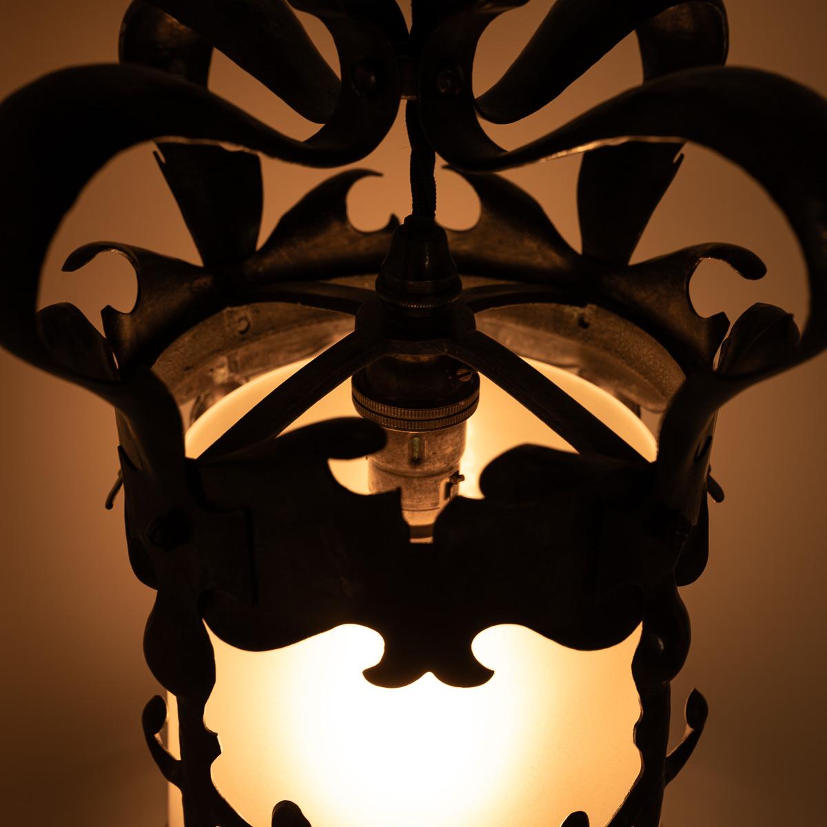 English Arts & Crafts Decorative Hall Lantern with Satin Glass Shade For Sale 1