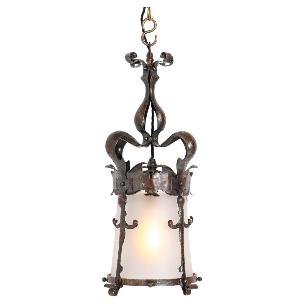 English Arts & Crafts Decorative Hall Lantern with Satin Glass Shade For Sale