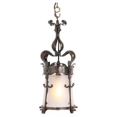 Antique English Arts & Crafts Decorative Hall Lantern with Satin Glass Shade