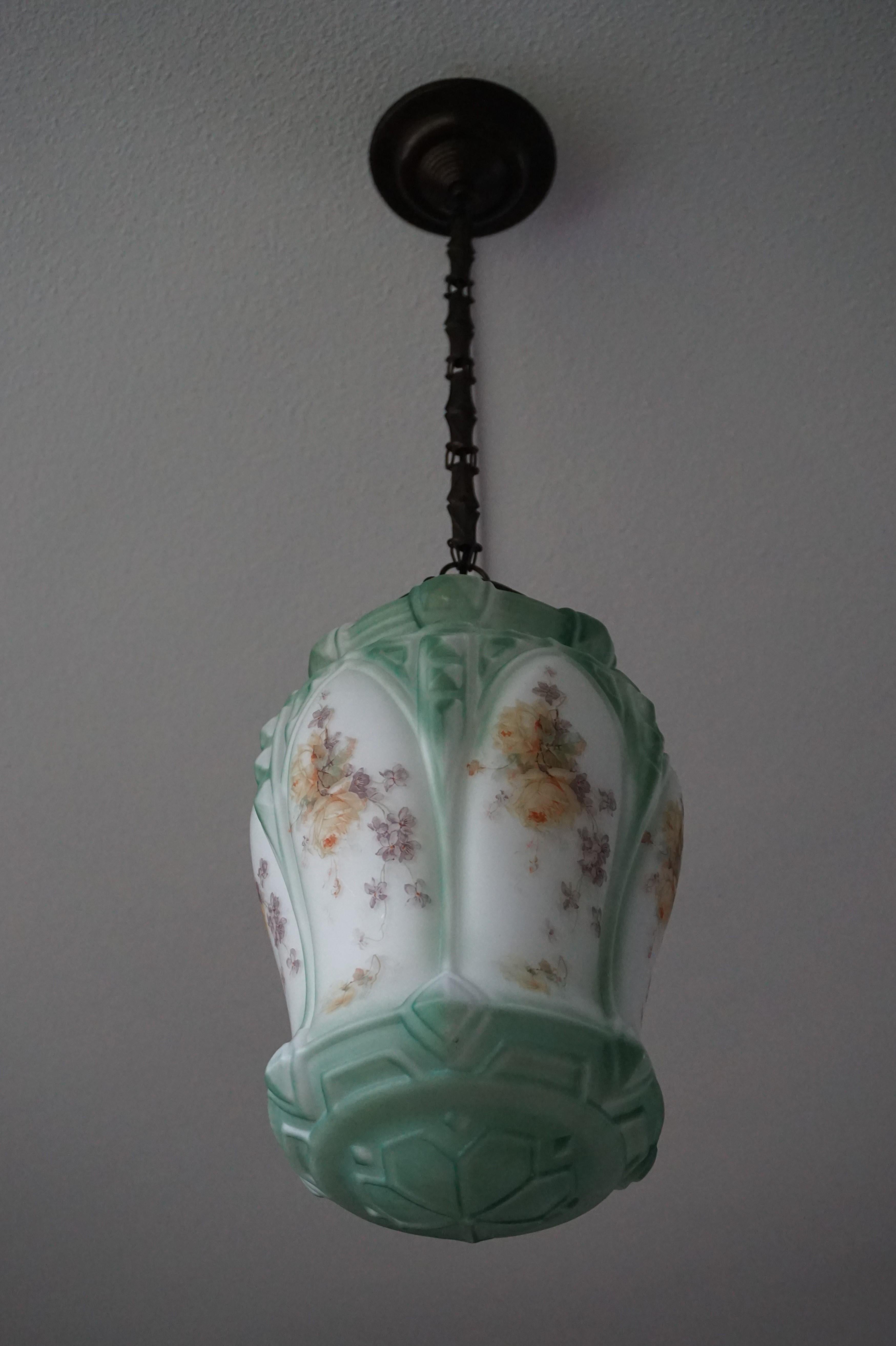 English Arts & Crafts Flowers Decorated Opaline Glass Pendant / Light Fixture 3