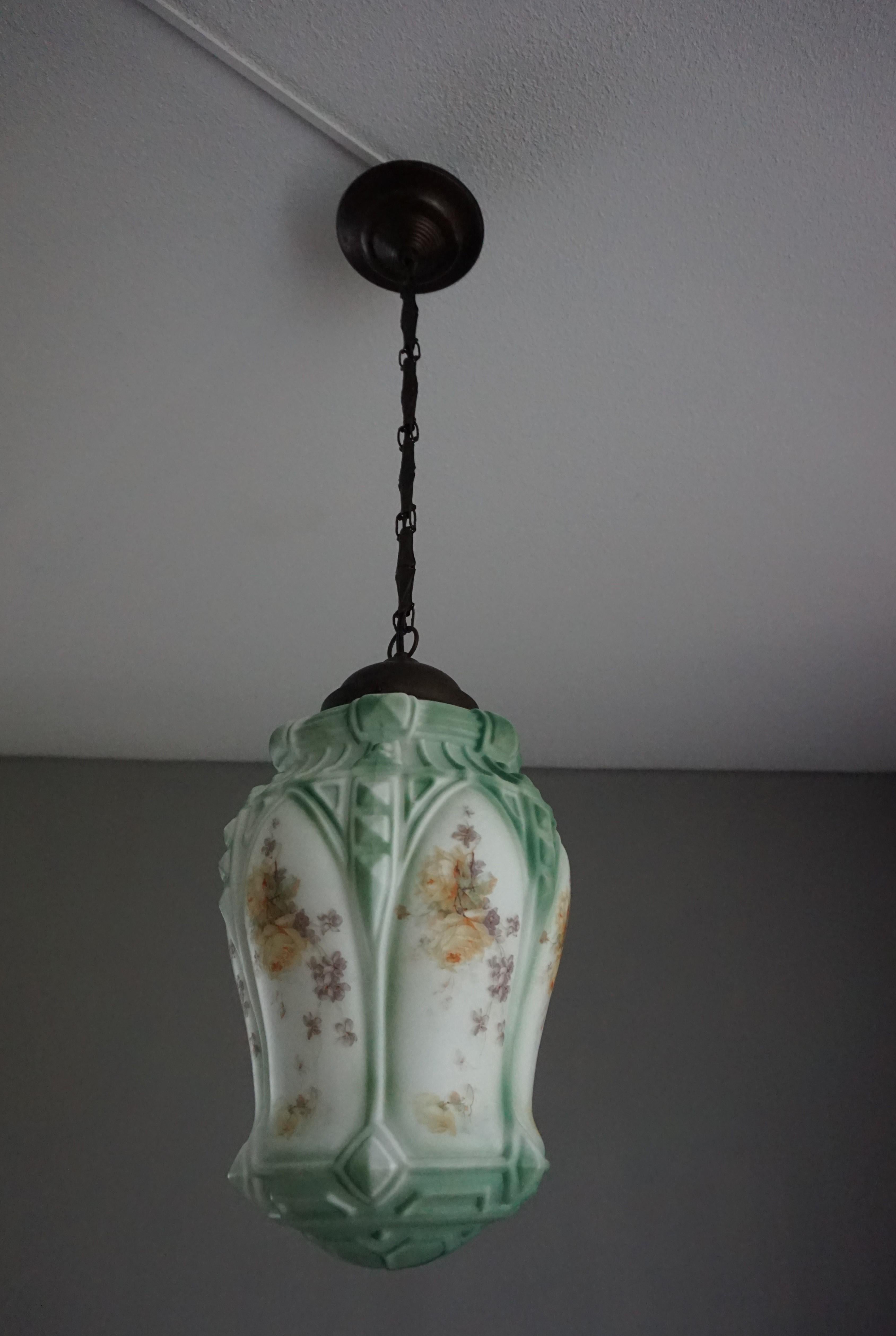 English Arts & Crafts Flowers Decorated Opaline Glass Pendant / Light Fixture 12
