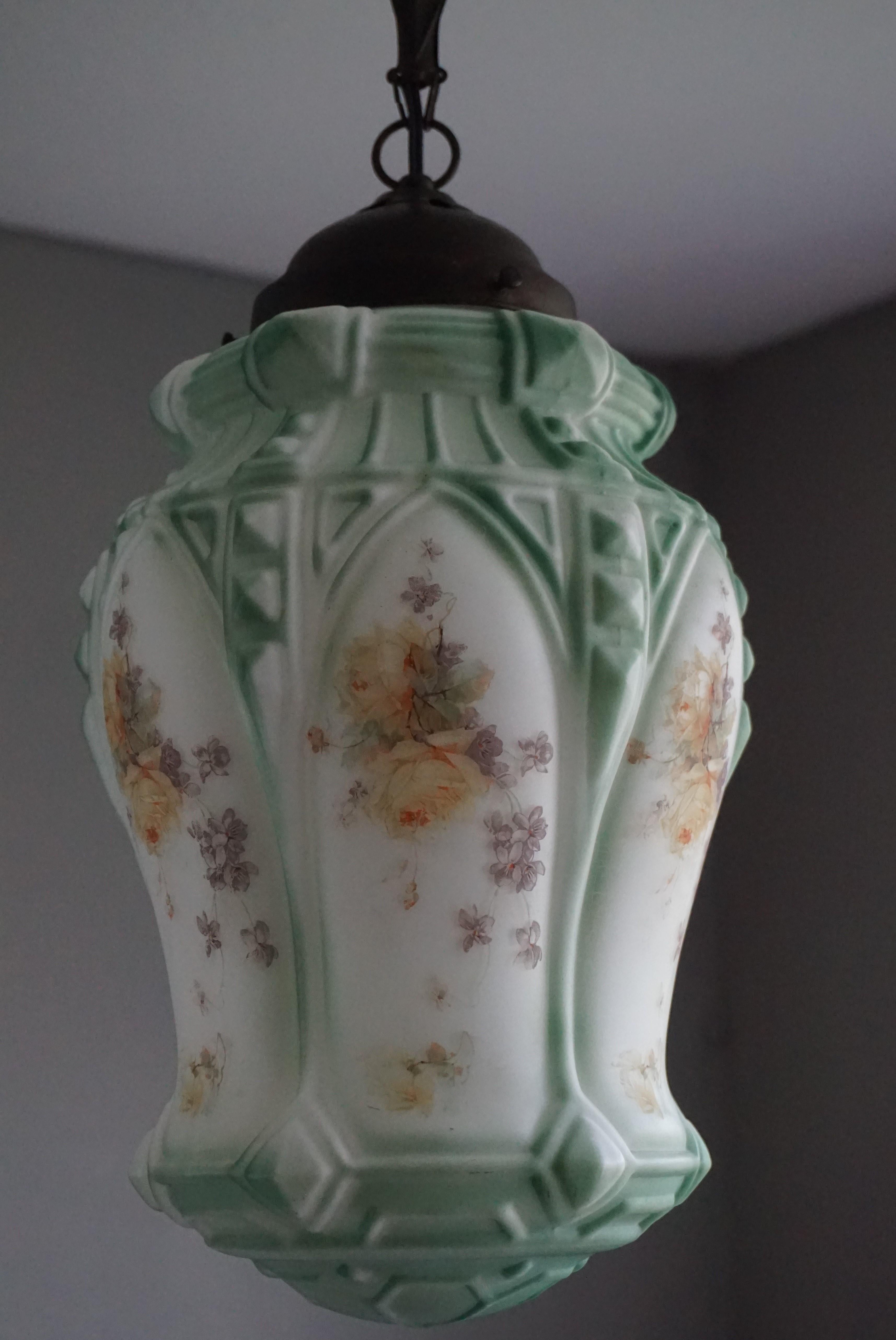 English Arts & Crafts Flowers Decorated Opaline Glass Pendant / Light Fixture (Arts and Crafts)