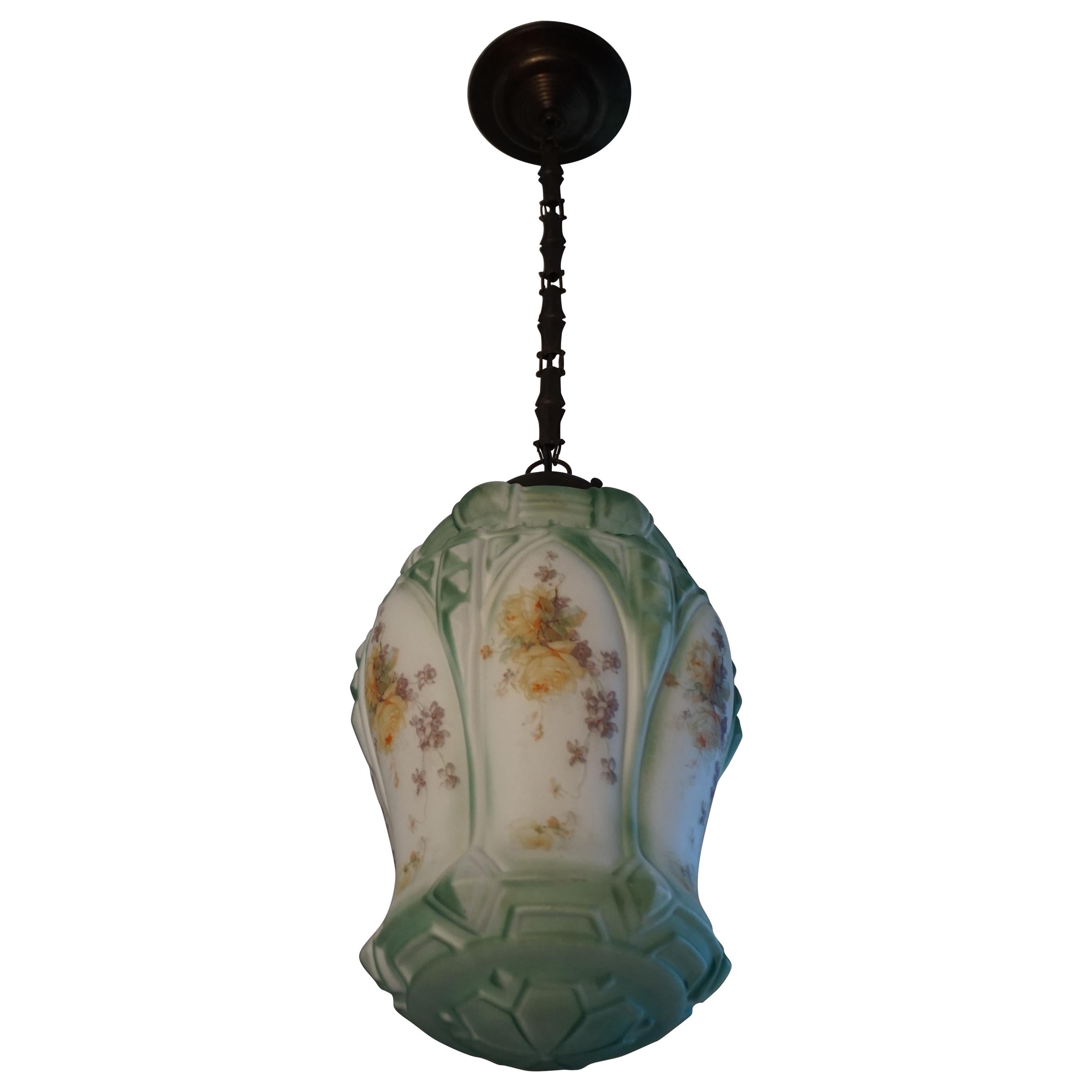 English Arts & Crafts Flowers Decorated Opaline Glass Pendant / Light Fixture