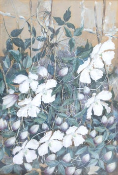 Peinture à la gouache de style Arts & Crafts anglais représentant une clématite blanche, par Alfred Hoare Powell, vers 1950