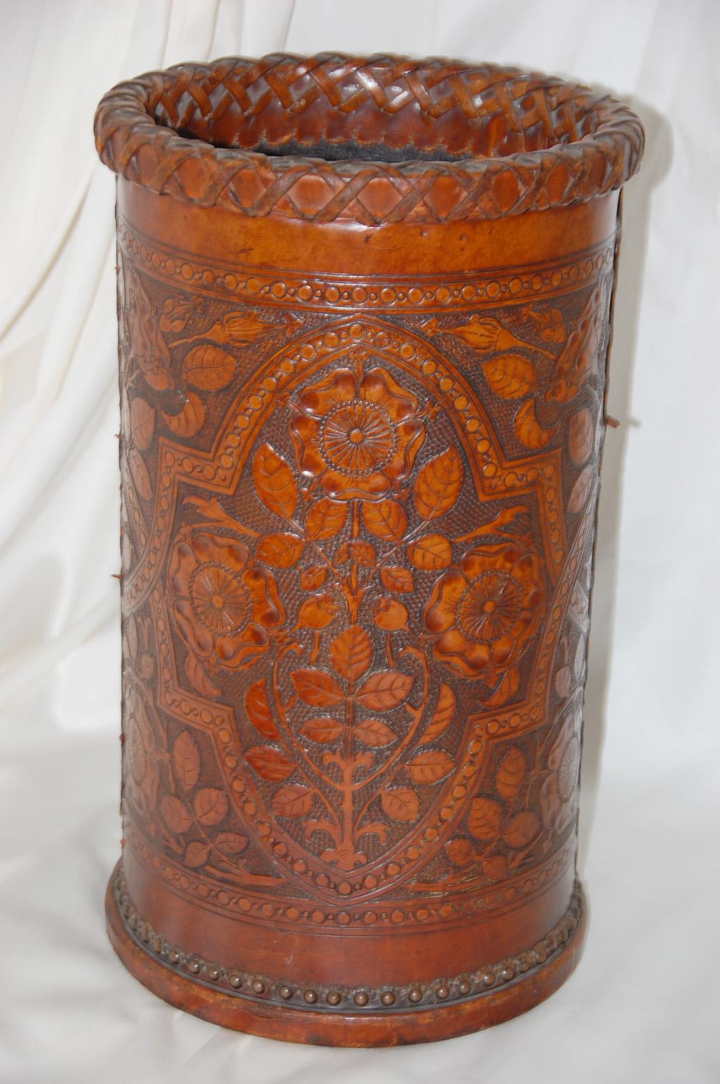 Arts and Crafts English Arts & Crafts Hand Embossed Leather Waste Basket or Stickstand For Sale