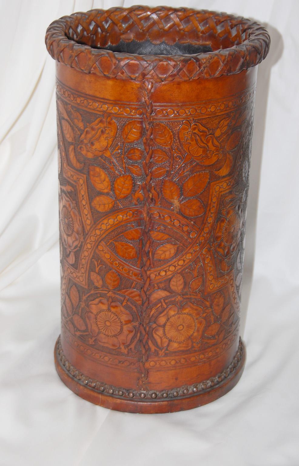 English Arts & Crafts Hand Embossed Leather Waste Basket or Stickstand In Good Condition For Sale In Wells, ME