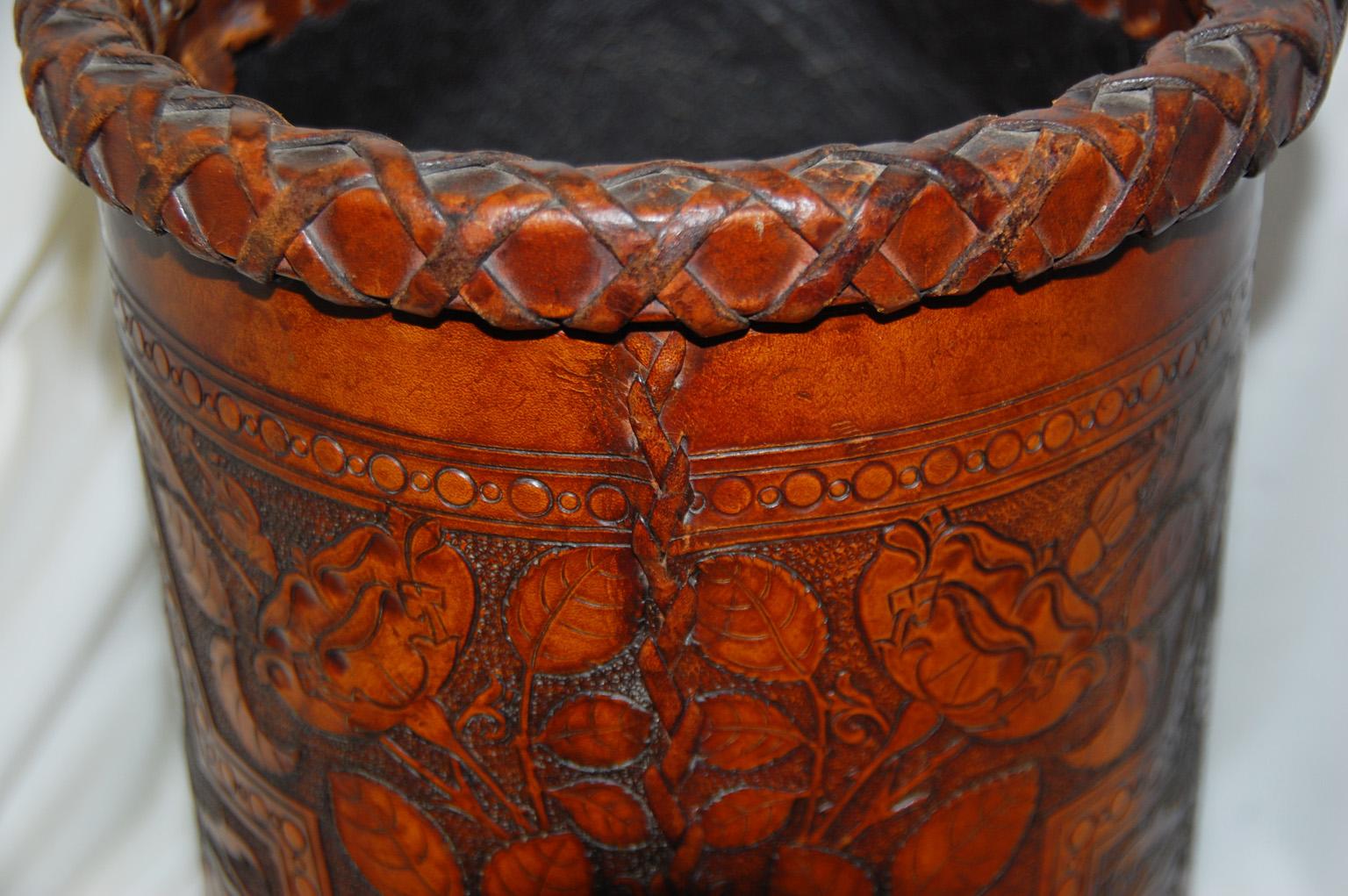 20th Century English Arts & Crafts Hand Embossed Leather Waste Basket or Stickstand For Sale