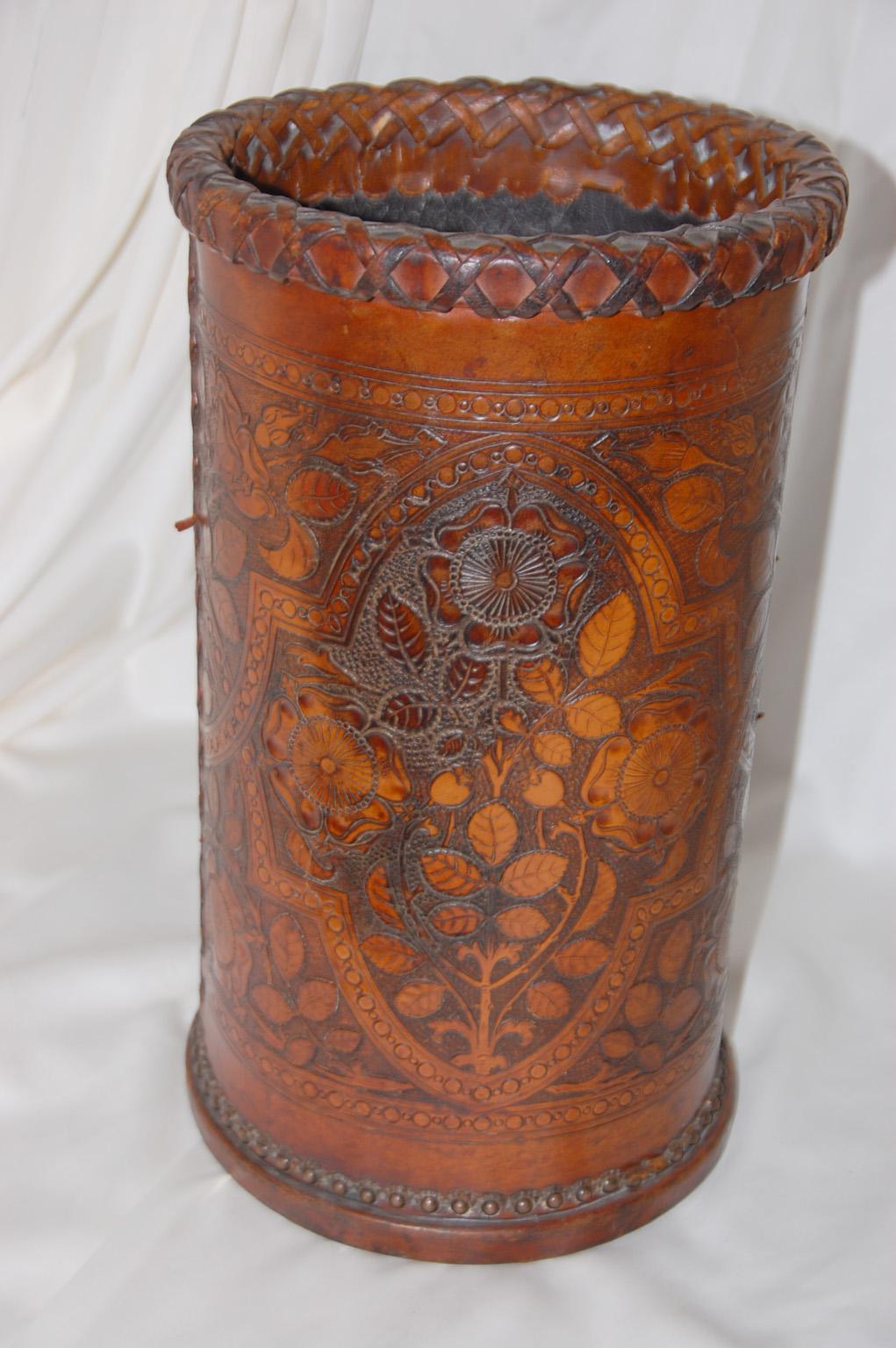 English Arts & Crafts Hand Embossed Leather Waste Basket or Stickstand For Sale 1
