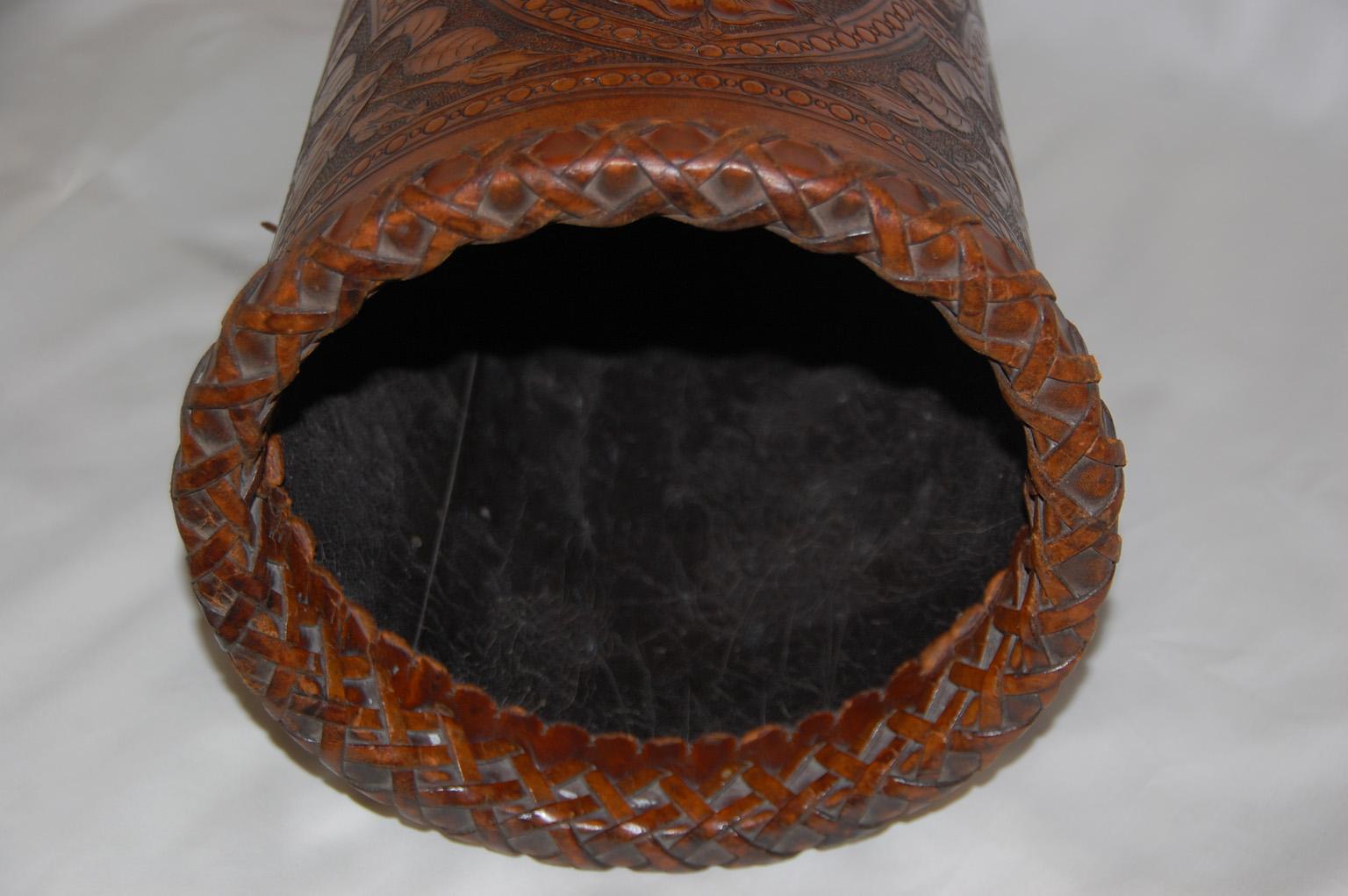 English Arts & Crafts Hand Embossed Leather Waste Basket or Stickstand For Sale 2